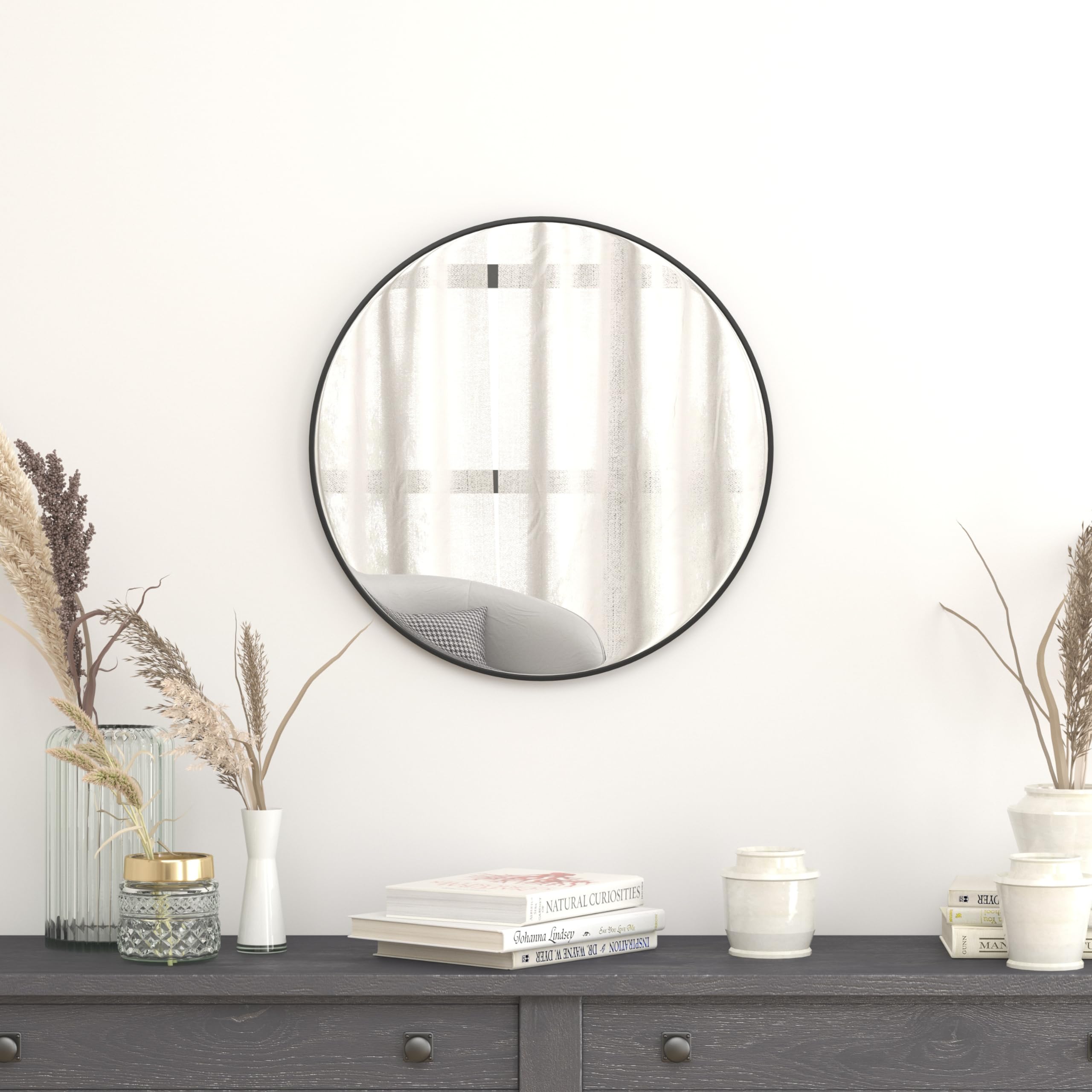 Flash Furniture Large Round Wall Mirror - Black Circle Accent Mirror - 24 Vanity Mirror - for Bathroom, Vanity, Entryway, Dining