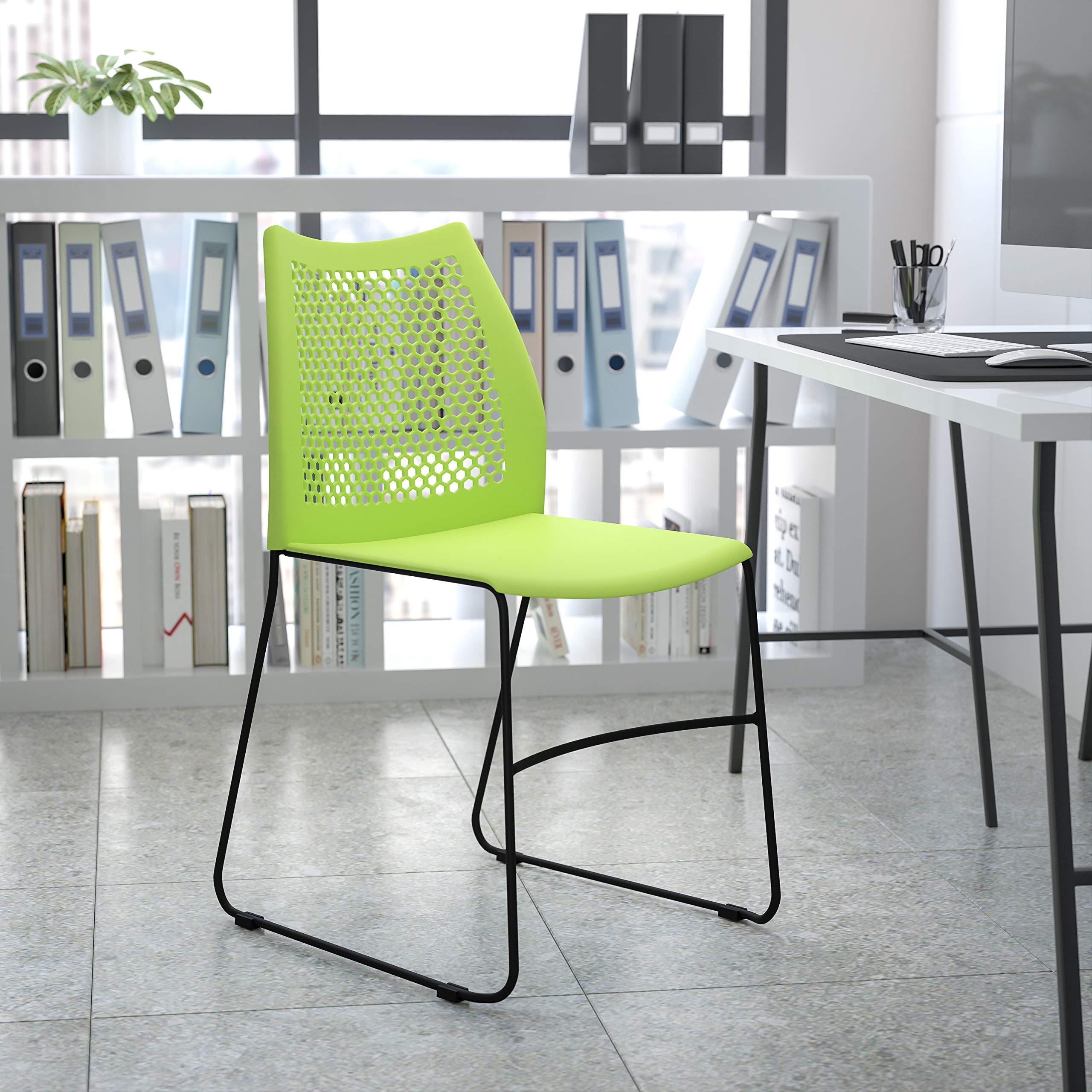 Flash Furniture Hercules Series 661 Lb. Capacity Green Stack Chair With Air-Vent Back And Gray Powder Coated Sled Base