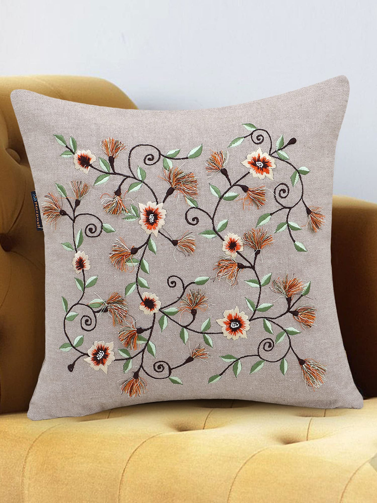 Mezposh Rustic Beige And Multi Cotton Chambray Floral Embroidered Cushion Cover (16X16 Inch)