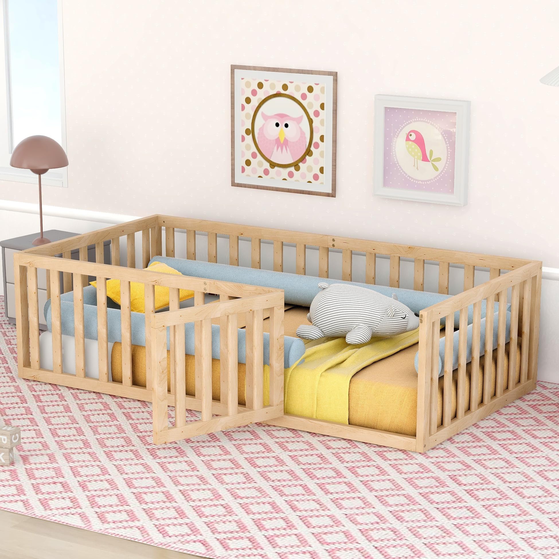 Bellemave Twin Floor Bed with Fence and Door, Kids Montessori Floor Beds Without Slats, Cute Montessori Bed for Kids, Girls, Boy
