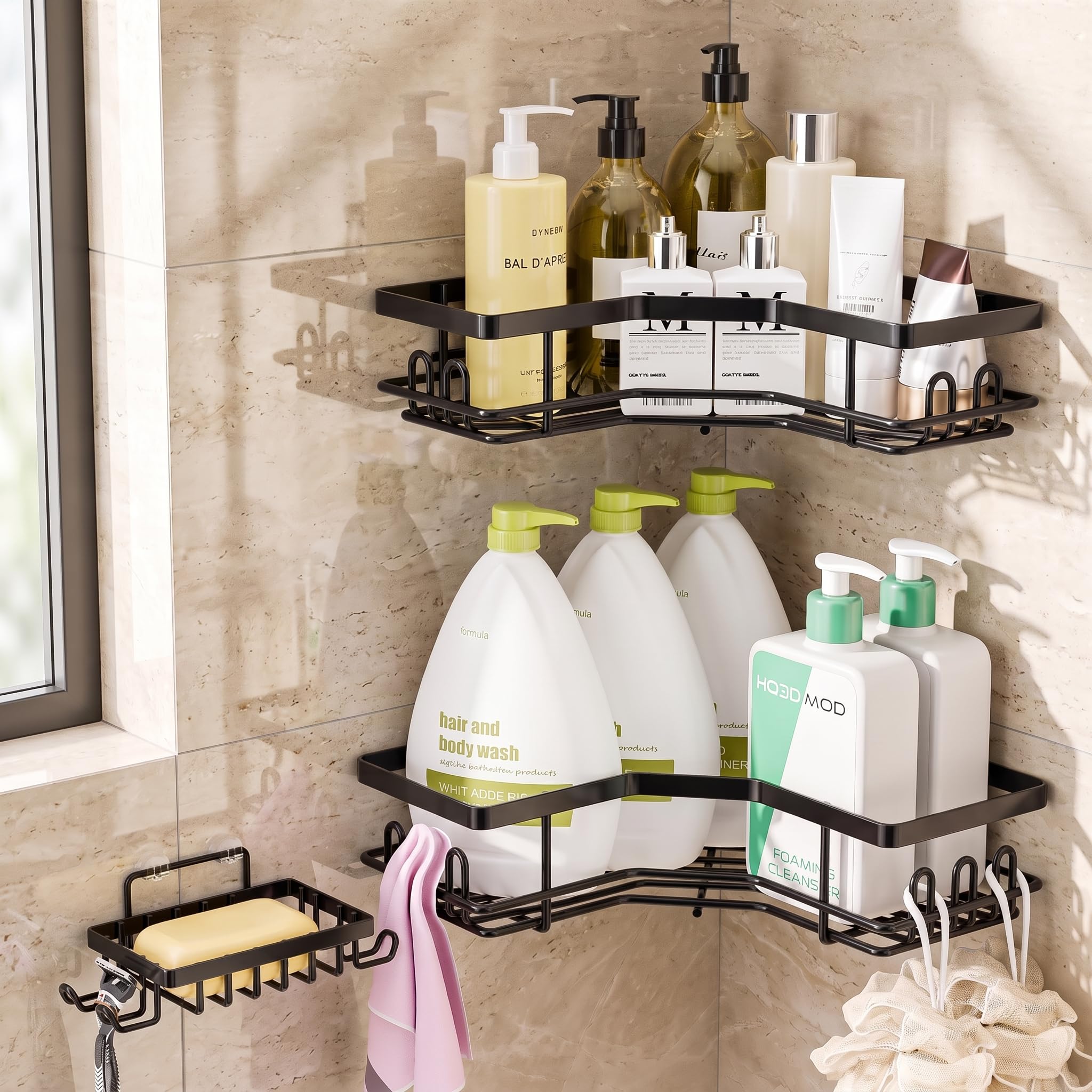 Inart 3Piece SelfAdhesive Bathroom Corner Organizer Set, Alloy Steel WallMounted Shower Caddy With 2 Corner Shelves, Soap Hol