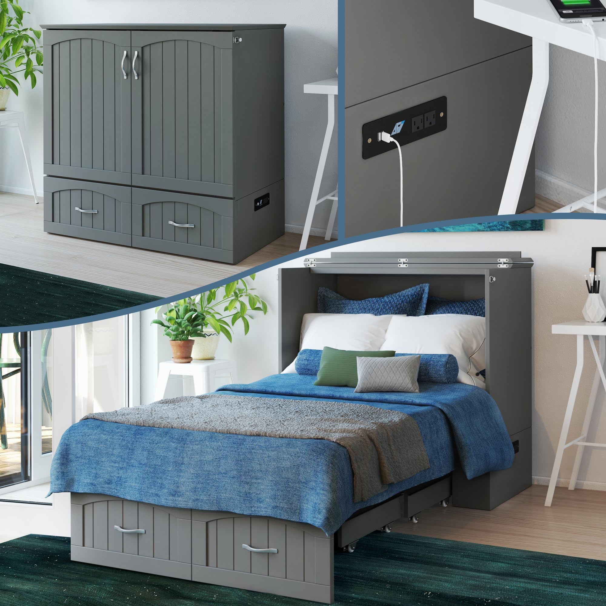 AFI, Southampton Murphy Bed Chest Twin XL with 6 Mattress, Storage Drawer & Built-in USB Charger, Grey