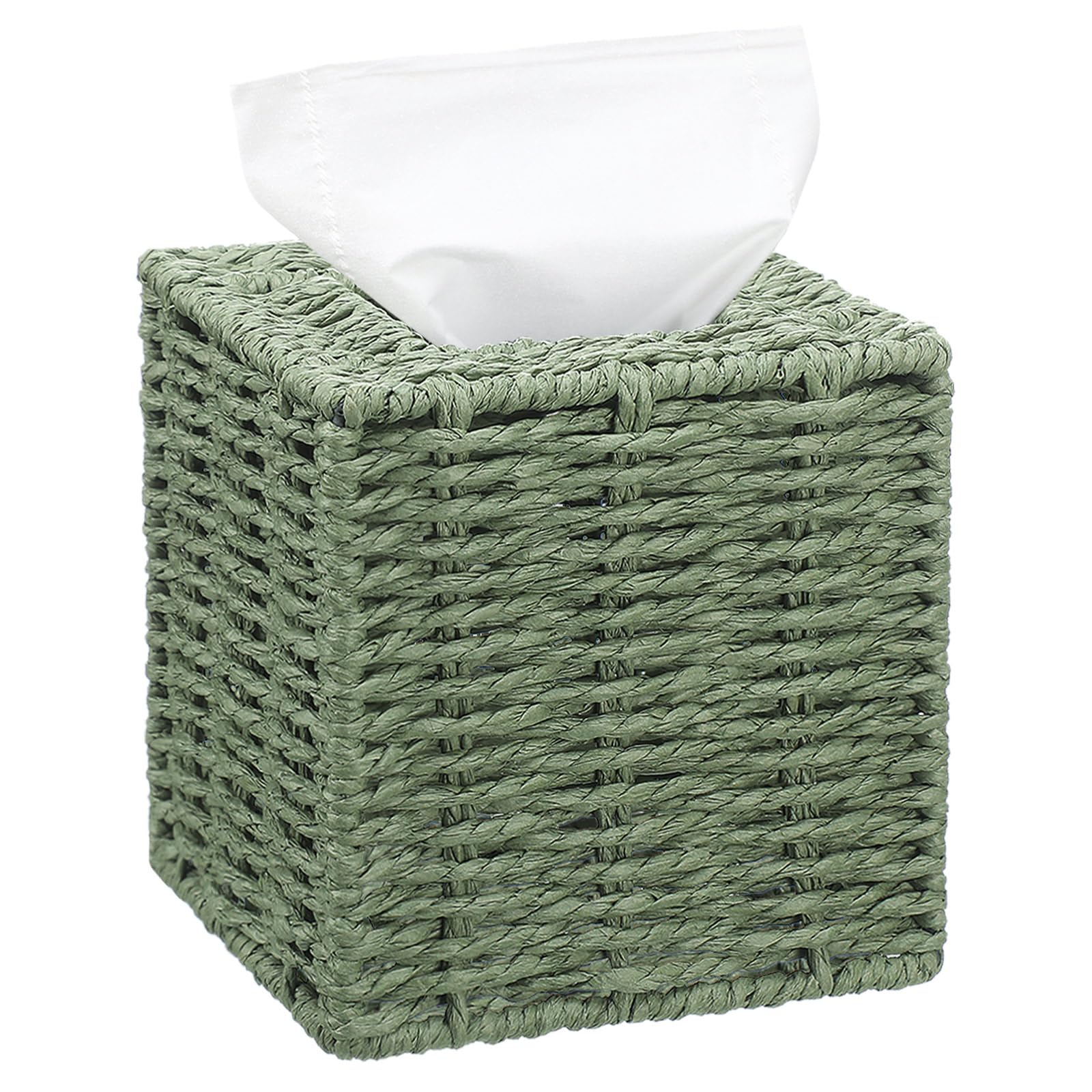Acellegic Sage Green Tissue Box Cover Square Natural Paper Rope Hand Woven Tissue Box Holder for Bathroom Living Room Bedroom Ki