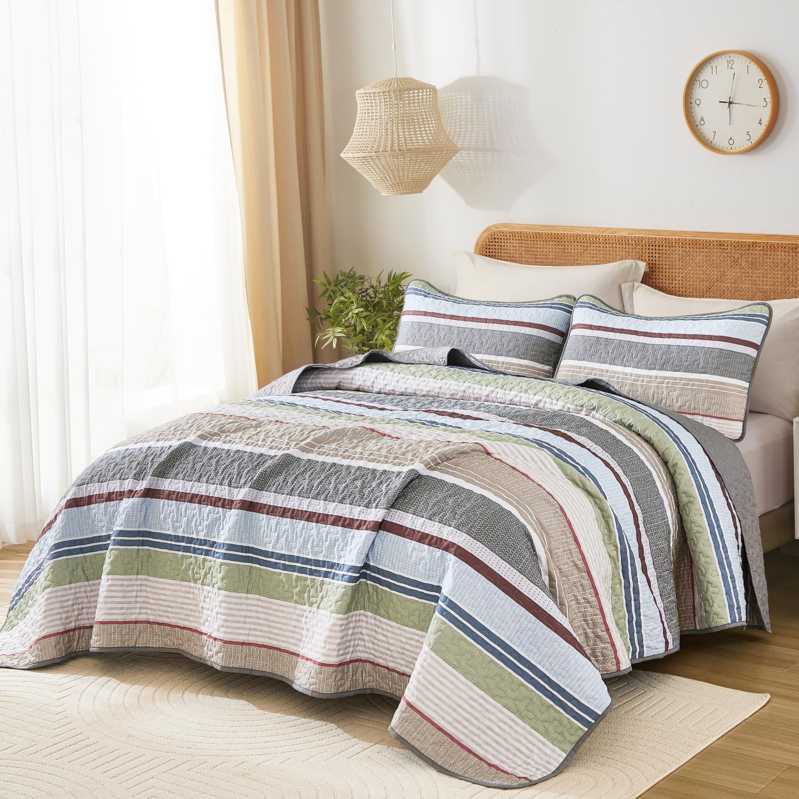 Dintszyayue Quilt Queen Size Sage Grey, 3 Pieces Boho Striped Bedspread Bedding For Queen Size Bed, Soft Lightweight Microfiber