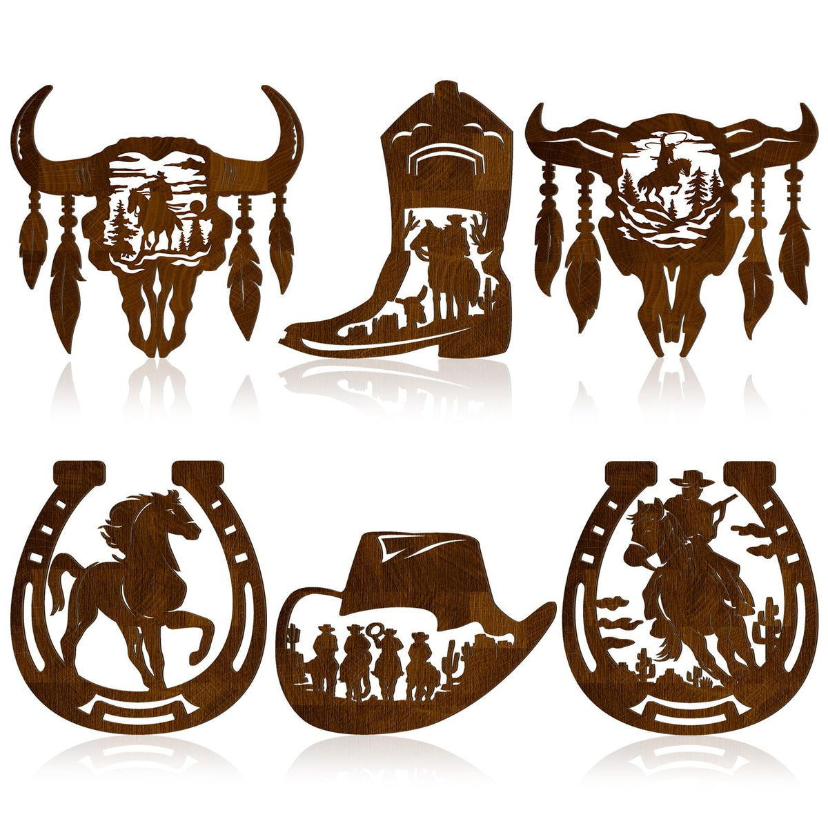 Therwen 6 Pcs Western Wall Decor Wood Wall Art Decor Rustic Cowboy Hat Boot Decor Saddle Decor Deer Bear in The Forest Pine Tree