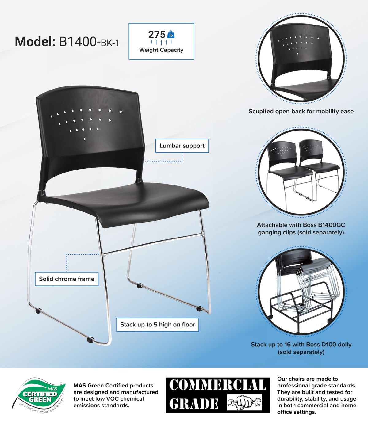 Boss Office Products Chrome Frame Stack Chair 5 Pack In Black
