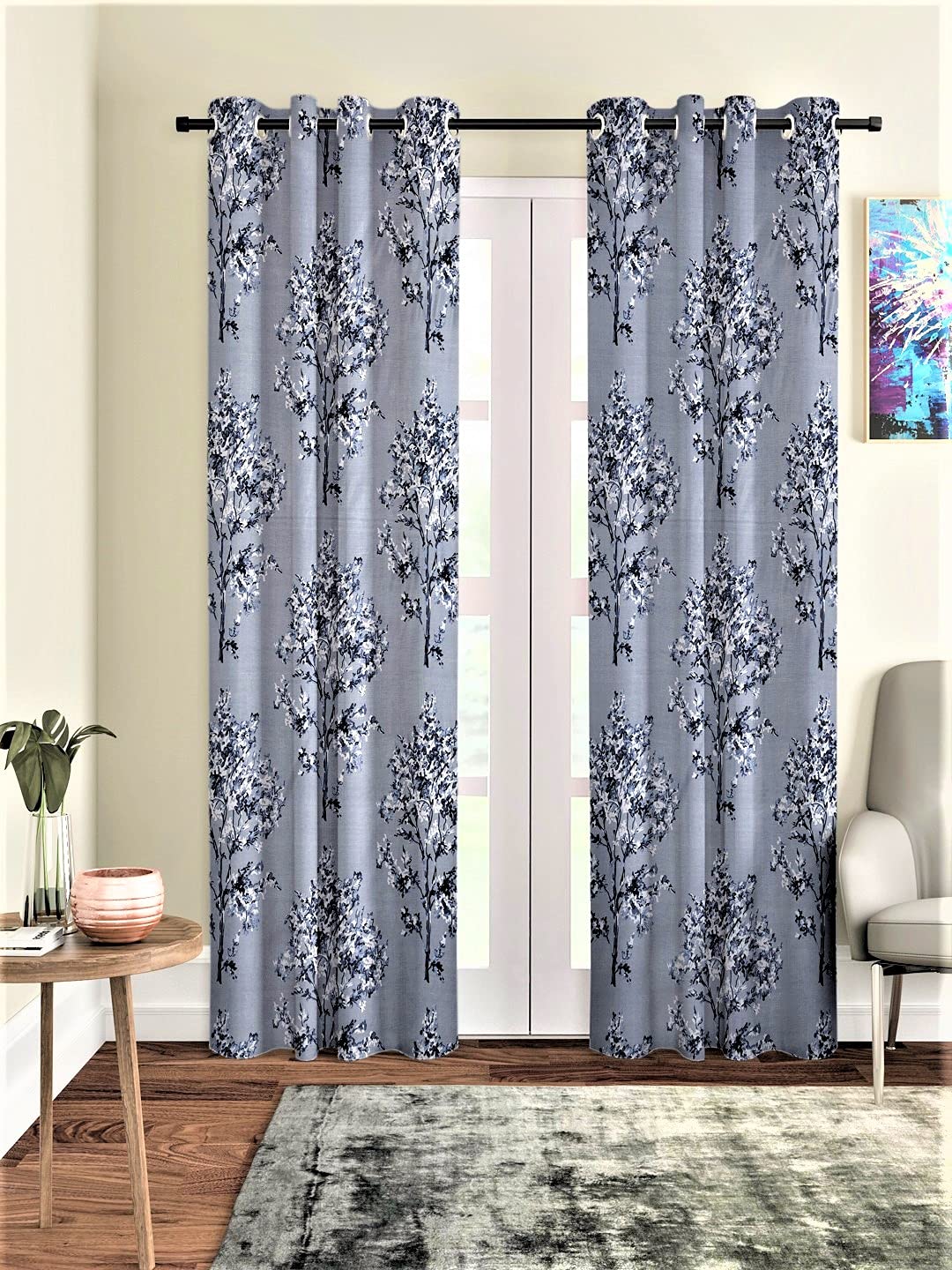 Fashion String 2 Piece Blossoms Eyelet Polyester Long Door Curtains9 Feet, Grey