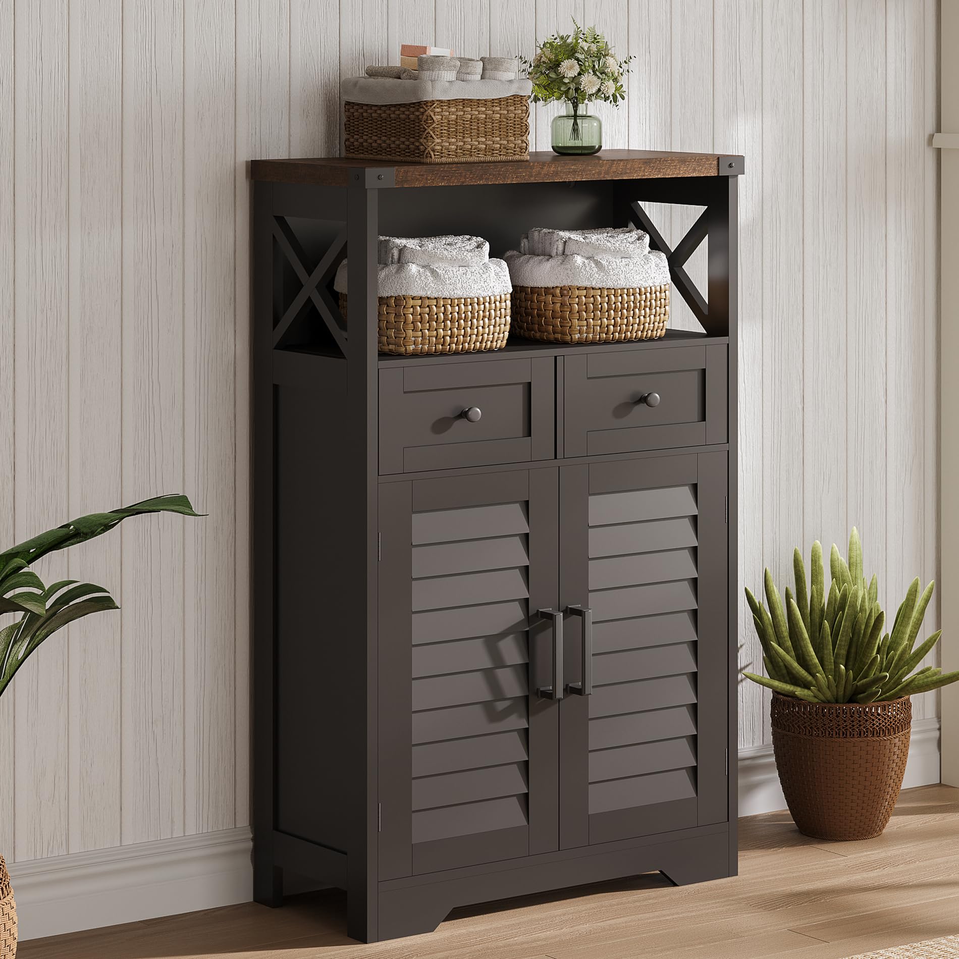ChooChoo Farmhouse Storage Cabinet, Bathroom Floor Cabinet with Doors and Drawers, Kitchen Pantry Cabinet for Living Room, Laund