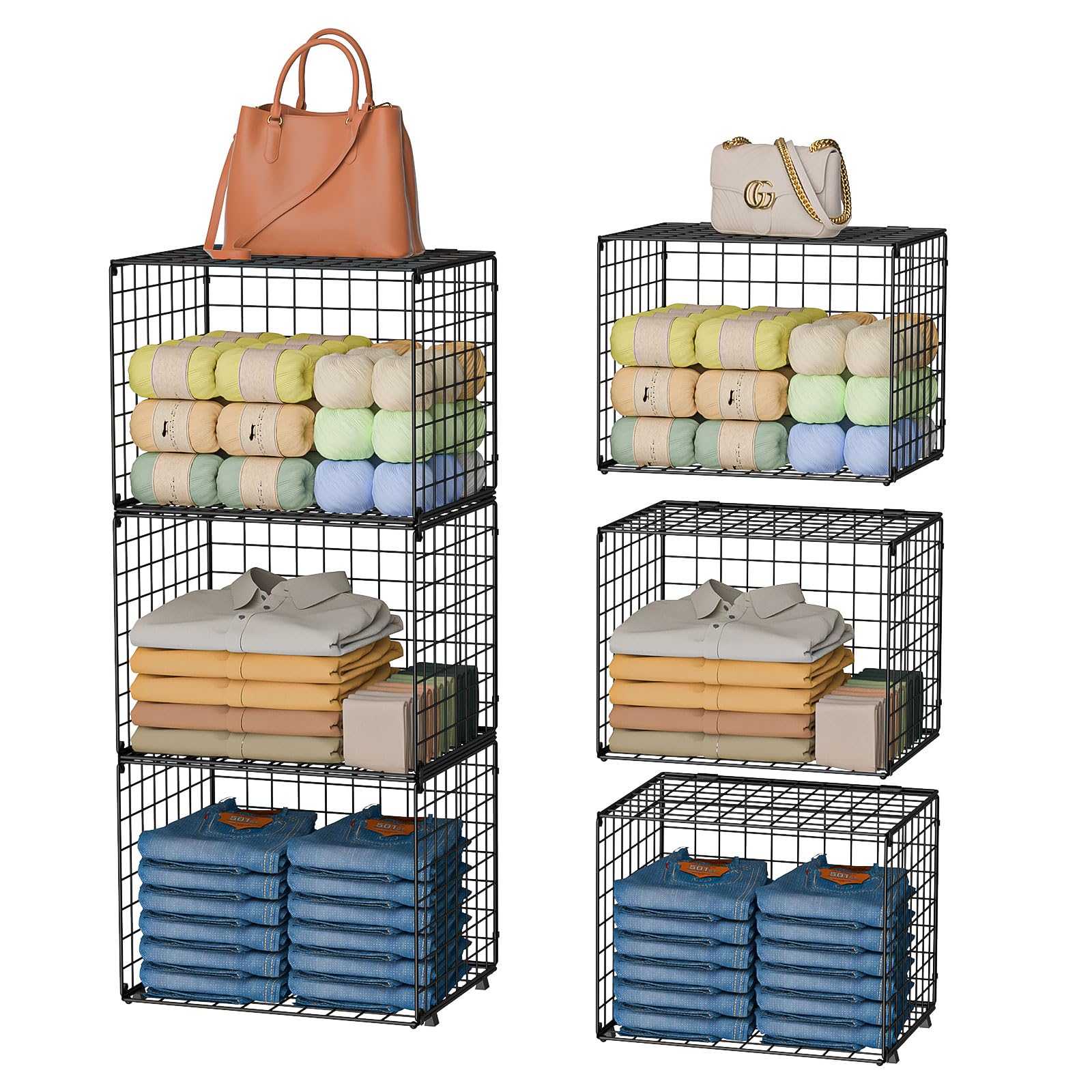 Extra-Long Closet Organizers and Storage with Top Board, 3 Pack Stackable Closet Shelf Organizer, Double Storage Design, Clothes