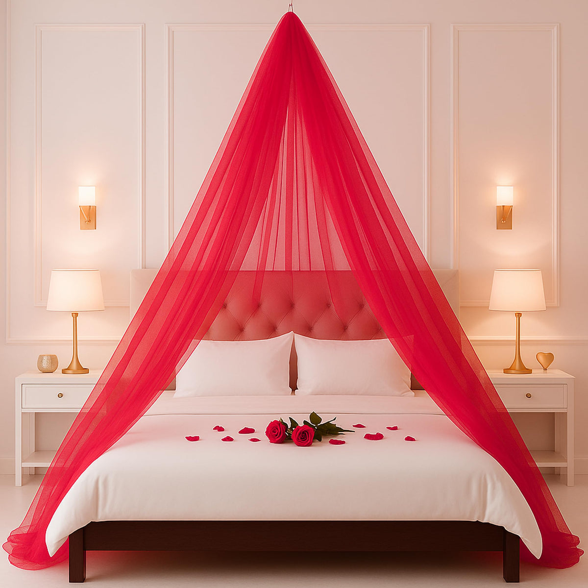 1iAM Tomato Red Decoration Net Combo Pack of 4 | 1pc 16x5ft Cabana Tomato Red Net, 2pcs Hooks & 1pc Ribbon For Home Decor, Birth