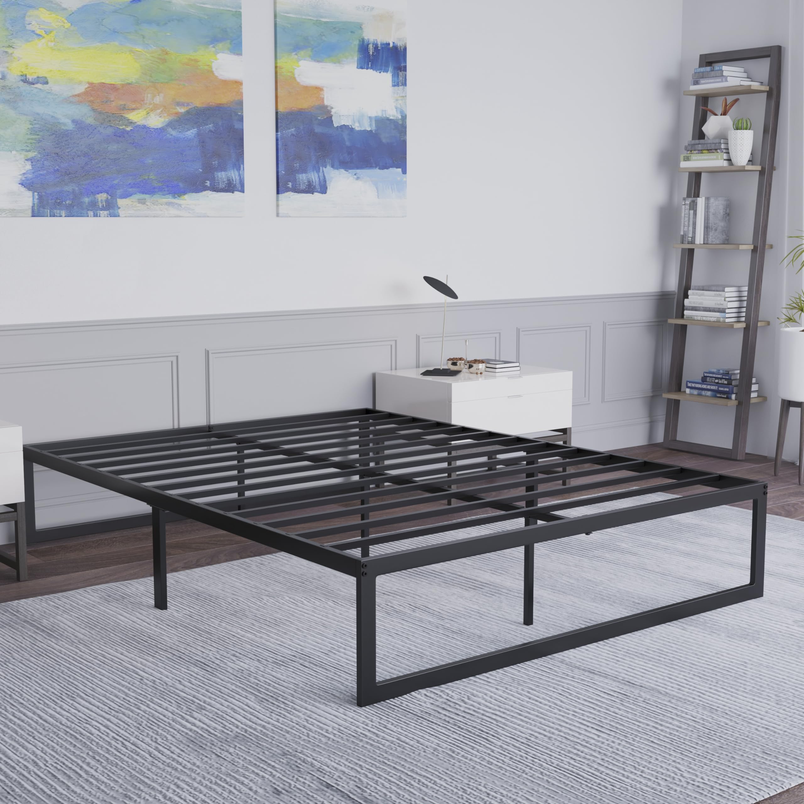 Flash Furniture Bentley 14 Metal Platform Bed Frame - Black Frame/Steel Slats - 12.5 Underbed Storage - No Box Spring Needed - Q