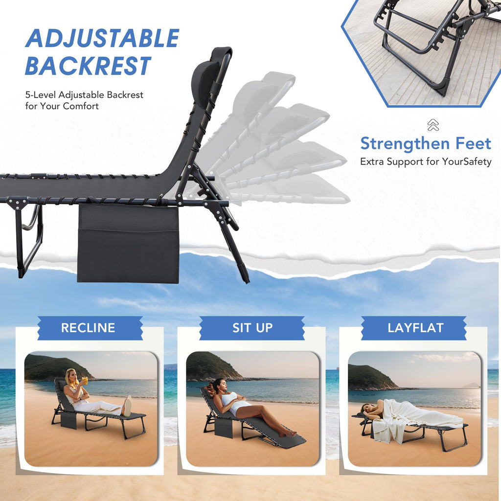 Flamaker Foldable Chaise Lounge Chair 5-Position Adjustable, Tanning Chair With Side Pocket, Outdoor Sunbathing For Pool, Beach, Patio, Lawn, Indoor Recliner Chair For Napping(Grey, 1 Pcs)