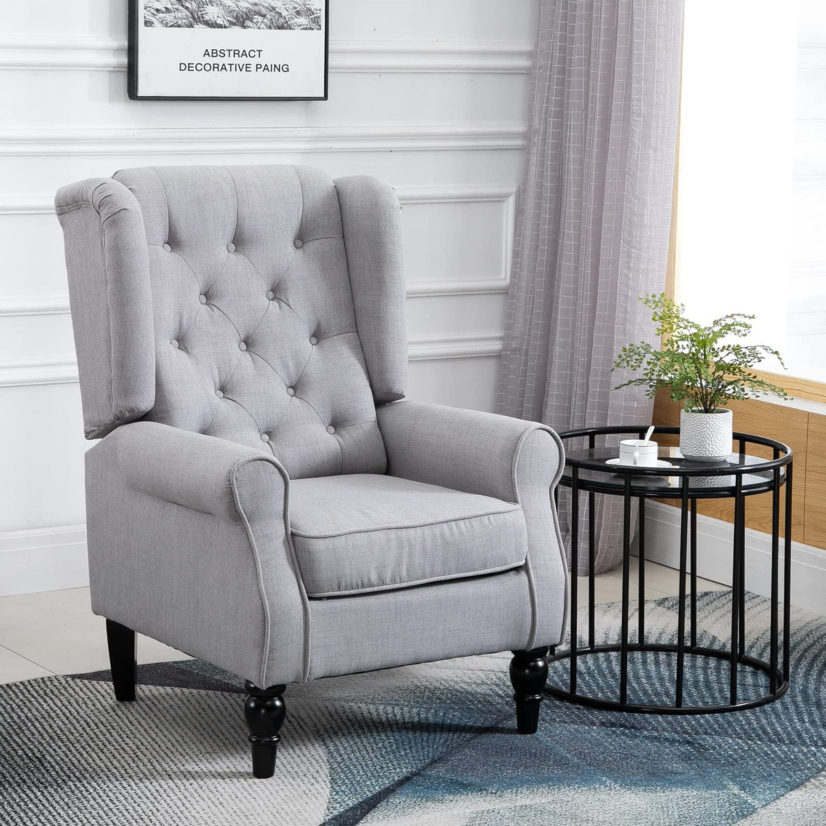 HOMCOM Mid-Century Modern Accent Chair, High Wingback Reading Chair, Button-Tufted Upholstered Fabric Armchair with Retro Wood L