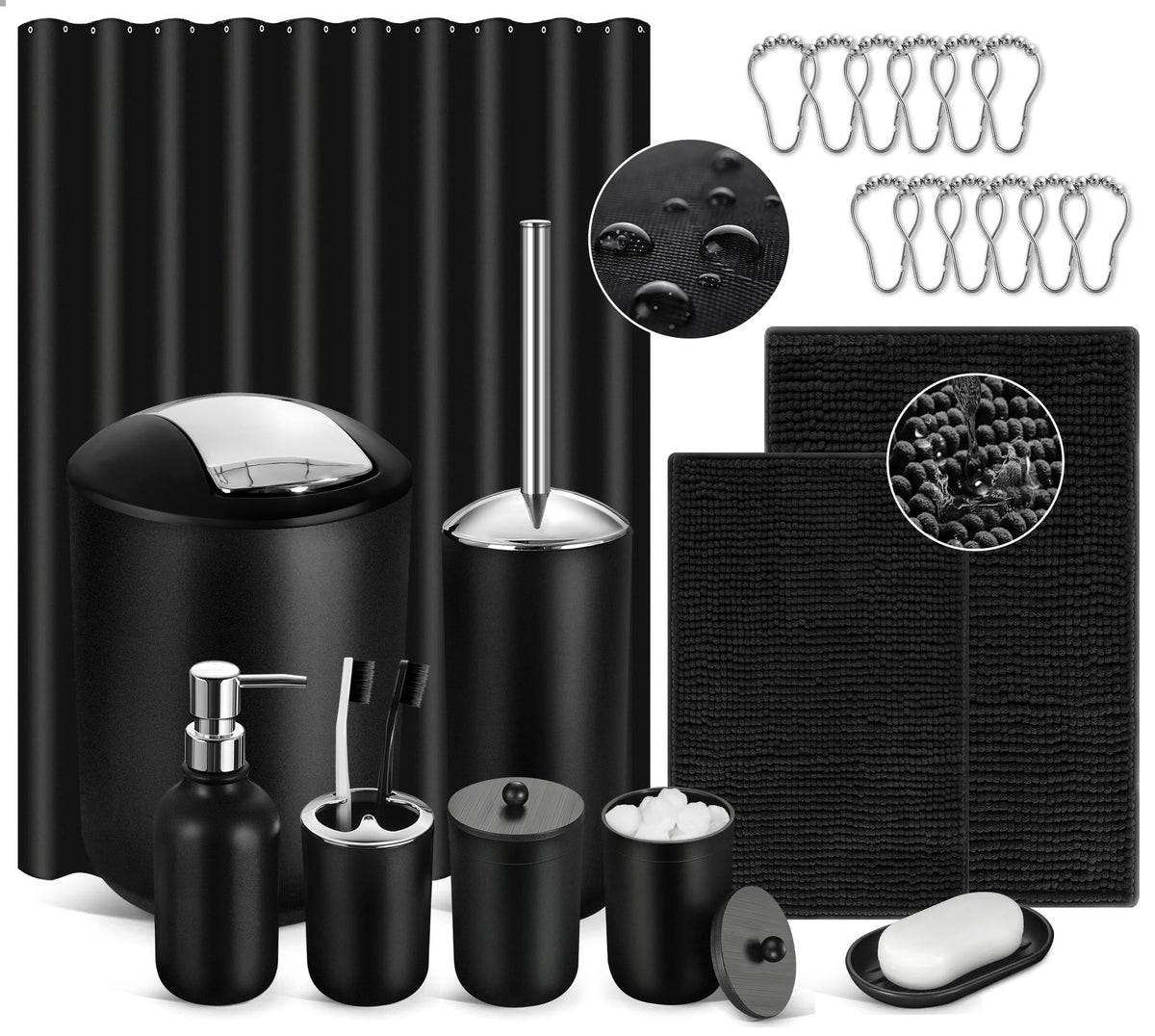 ALPIRIRAL Black Bathroom Accessories Set, 22Pcs Bathroom Sets with Shower Curtain and Rugs, Bathroom Accessories Sets Complete w