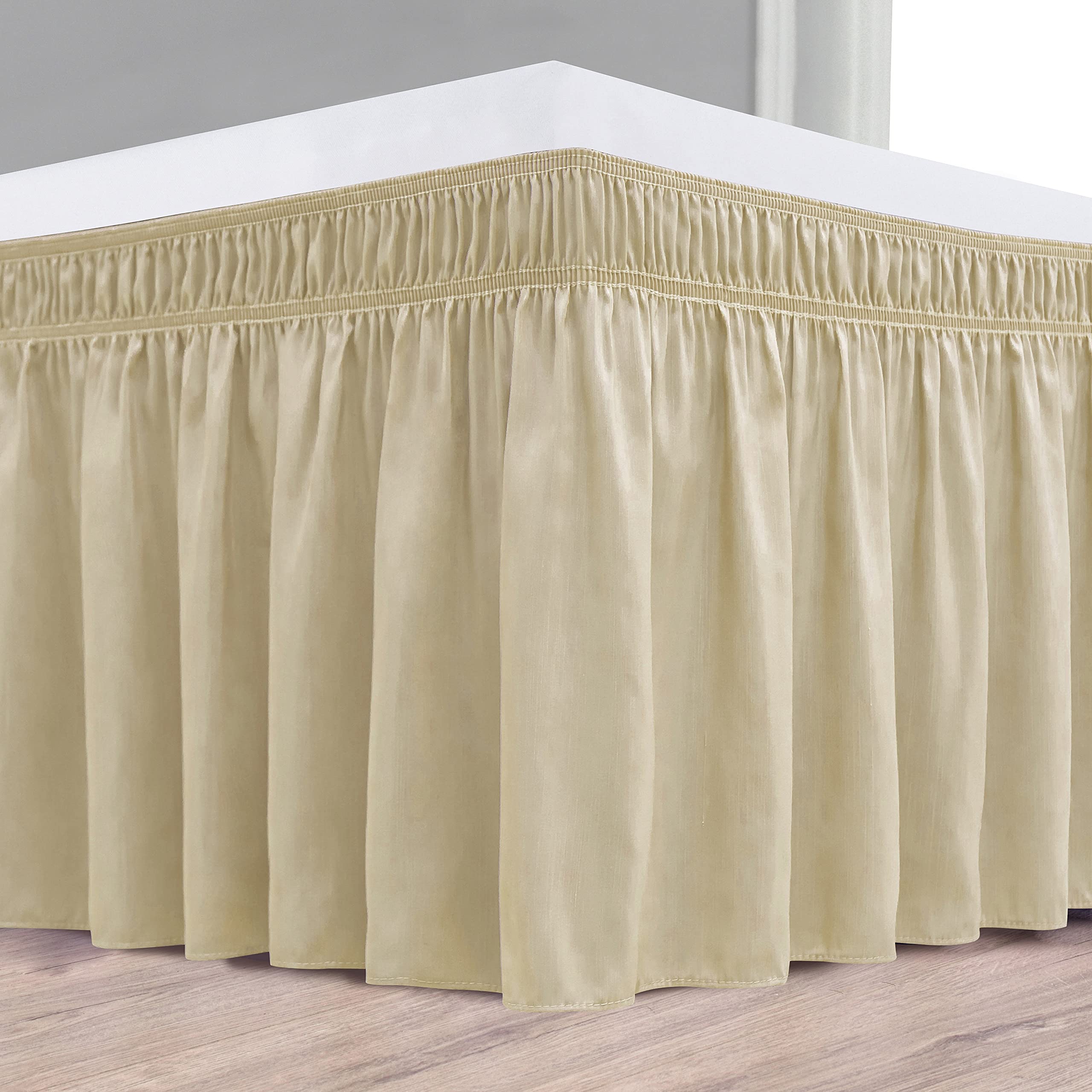 Biscaynebay Wrap Around Bed Skirts For King & Cal King Beds 19' Long Drop, Sand Adjustable Elastic Dust Ruffles Easy Fit Wrinkl