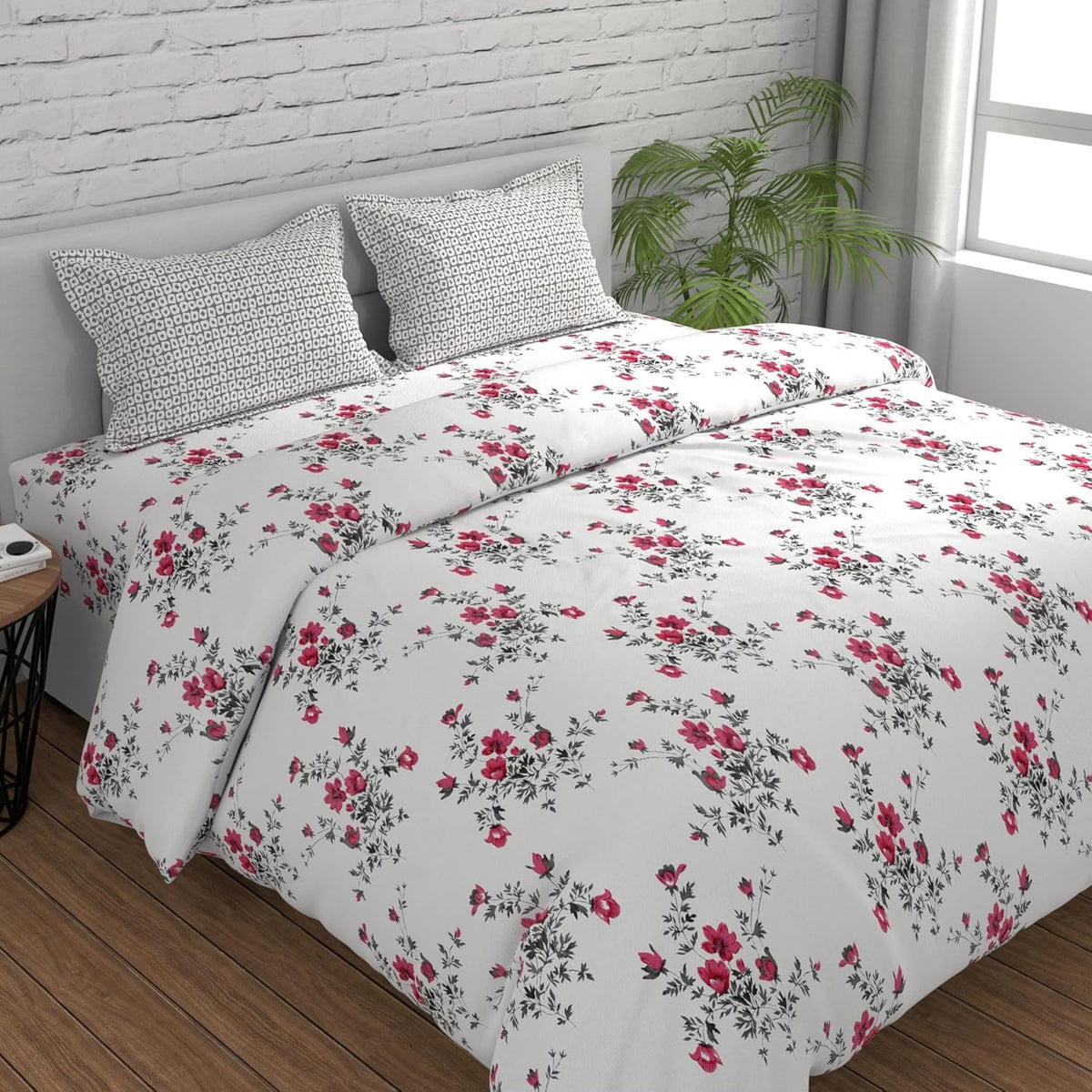 Huesland by Ahmedabad Cotton 144 TC Cotton Double Bed Bedsheet with 2 Pillow Covers | White, Light Coral & Grey