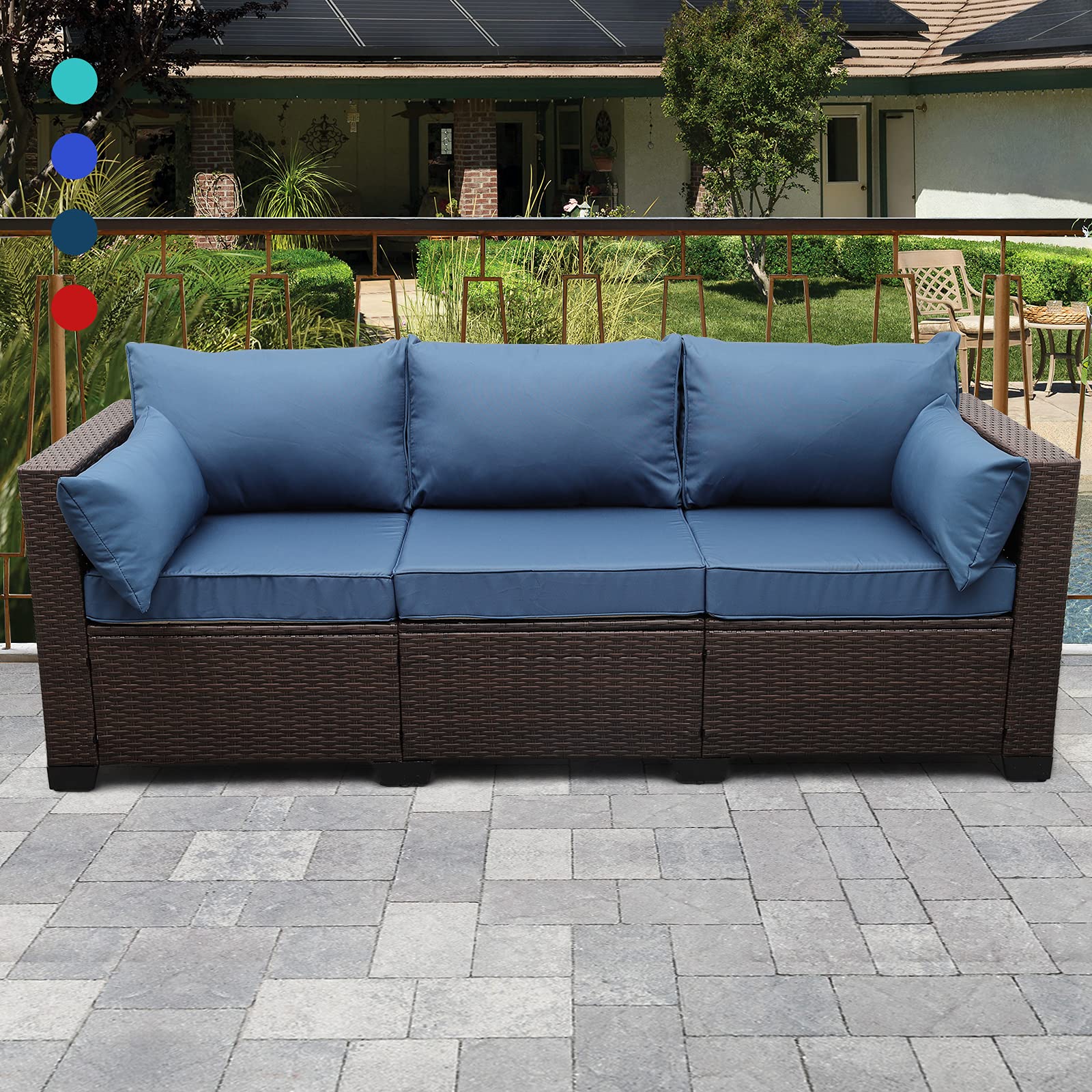 Rattaner 3-Seat Patio Wicker Sofa, Outdoor Rattan Couch Furniture Steel Frame with Furniture Cover and Deep Seat High Back, Blue