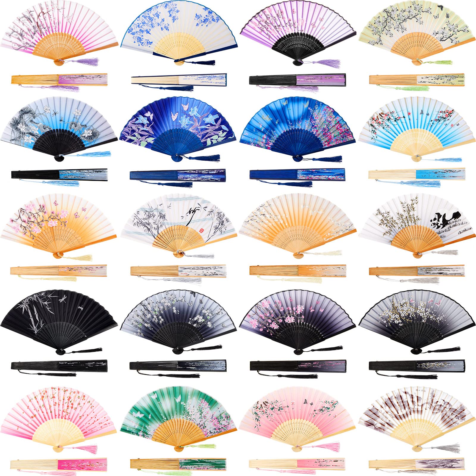 Yulejo 20 Pcs Floral Hand Fan Chinese Vintage Style Folding Fan Silk Handheld Fan Foldable Bamboo Framed Foldable Fan Fabric Sil