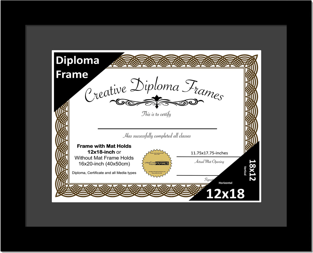 Creative Picture Frames 12x18 Classic Black Diploma Frame with Black Mat Glass Easel and Installed Wall Hangers | Frame Holds 16