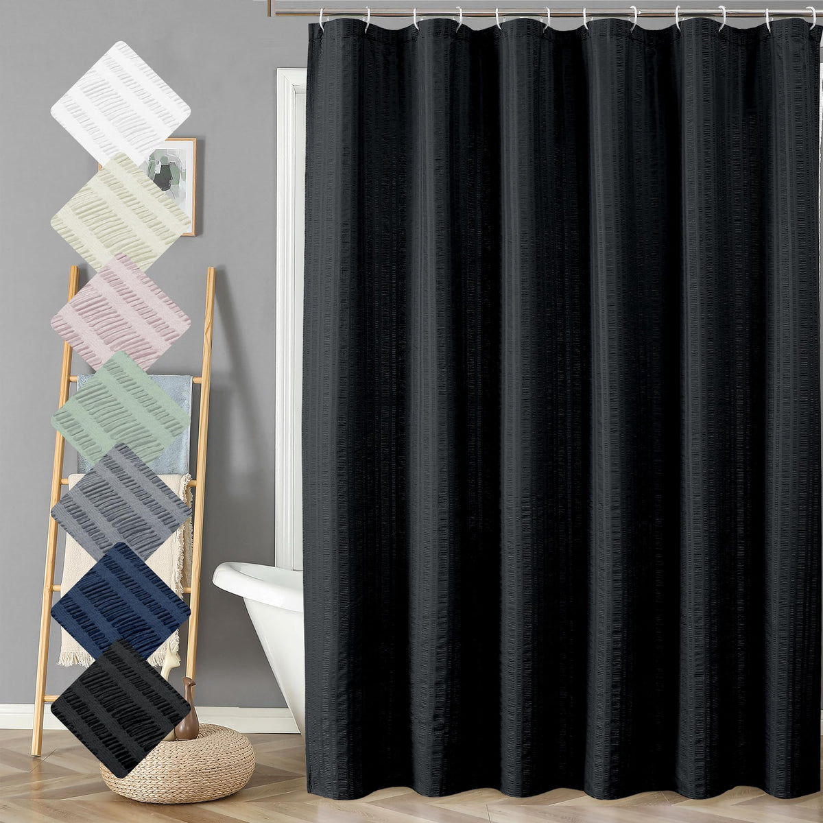 Aiyufeng Moga Extra Long Black Shower Curtain 96 Inch Long, Embossed Texture Fabric Bathroom Shower Curtain, Large Hotel Bath Cu