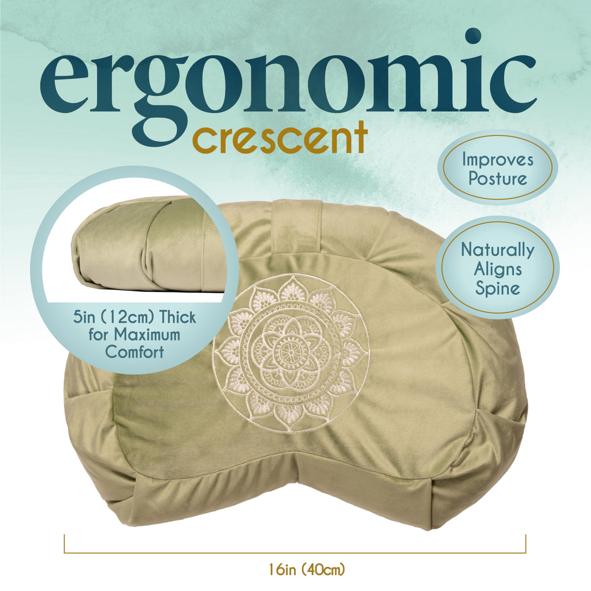 Florensi Meditation Cushion - Comfortable Floor Pillow - Traditional Crescent Meditation Pillow With Beautiful Velvet Cover - Large Floor Cushion Seating For Adults - Premium Yoga Buckwheat Bolster