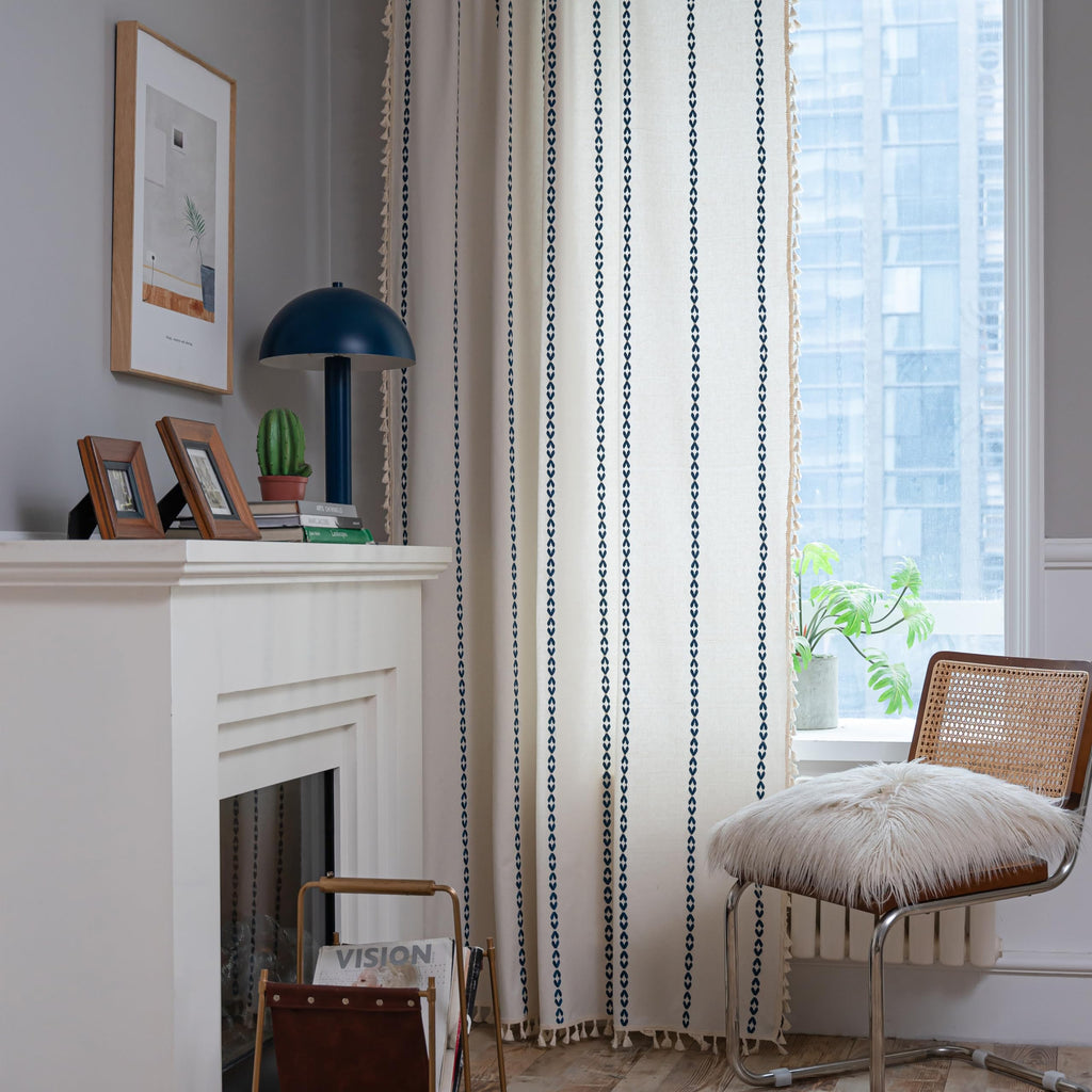 Sutuo Home Boho Curtains 84 Inches For Bedroom Living Room, Semi Blackout Farmhouse Vintage Tassels Window Treatment Bohemian Embroidery Drape, Rod Pocket 1 Panel 52' W X 84' L, White And Navy Blue