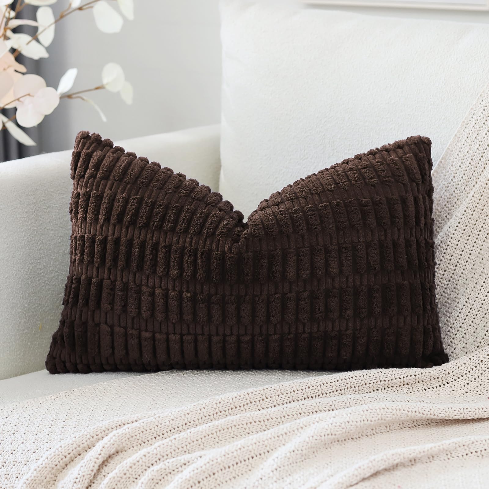 Otostar Corduroy Decorative Throw Pillow Covers 12X20 Inch Super Soft Boho Striped Rectangle Pillow Covers Case Modern Cushion Covers For Sofa Couch Bedroom Car Decor Dark Brown