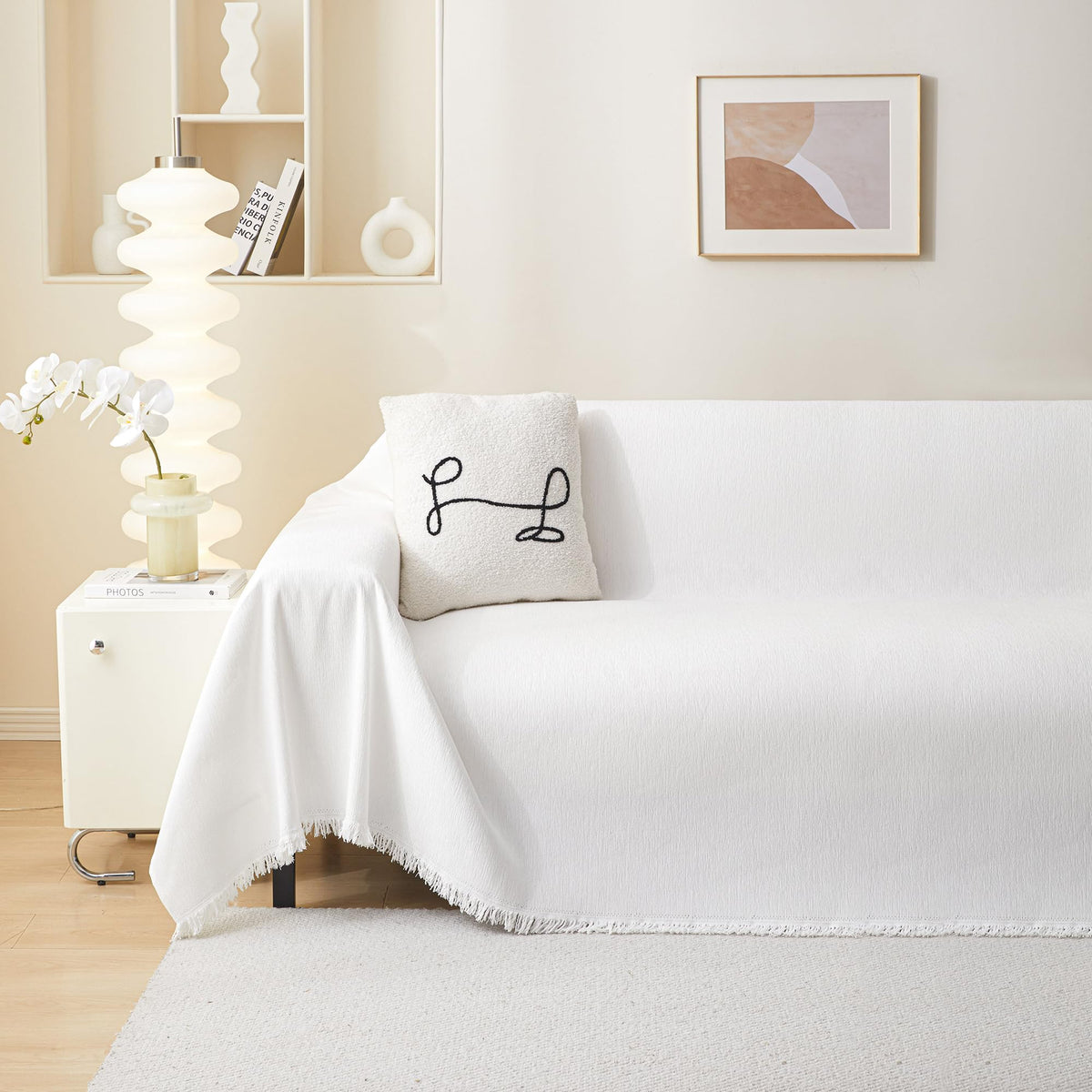 Meetsky White Couch Cover Chenille Sofa Slipcover For Sectional Sofa Covers Washable, Use Thick Soft Fabric Couch Cover For Dogs