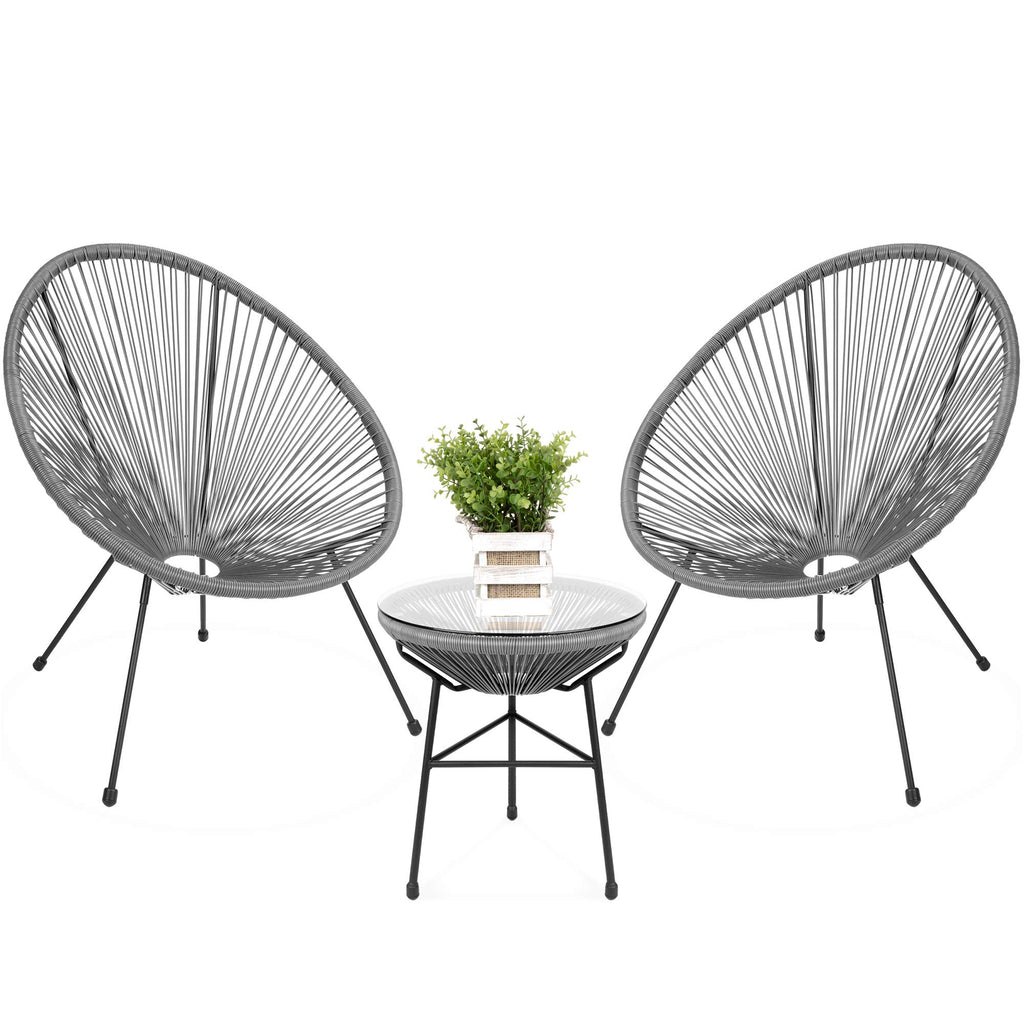 Best Choice Products 3-Piece Outdoor Acapulco All-Weather Patio Conversation Bistro Set W/Plastic Rope, Glass Top Table And 2 Chairs - Gray