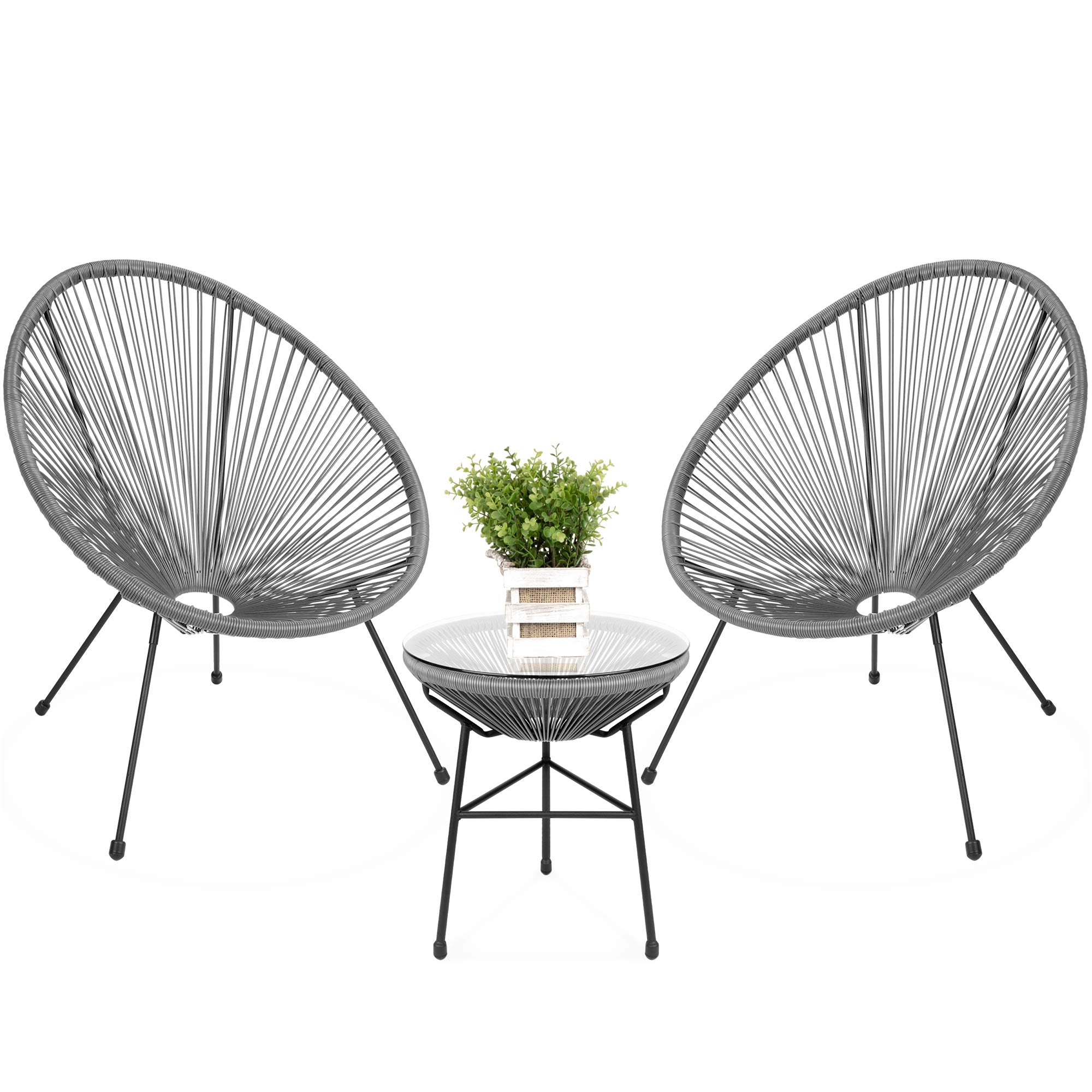 Best Choice Products 3-Piece Outdoor Acapulco All-Weather Patio Conversation Bistro Set W/Plastic Rope, Glass Top Table And 2 Chairs - Gray