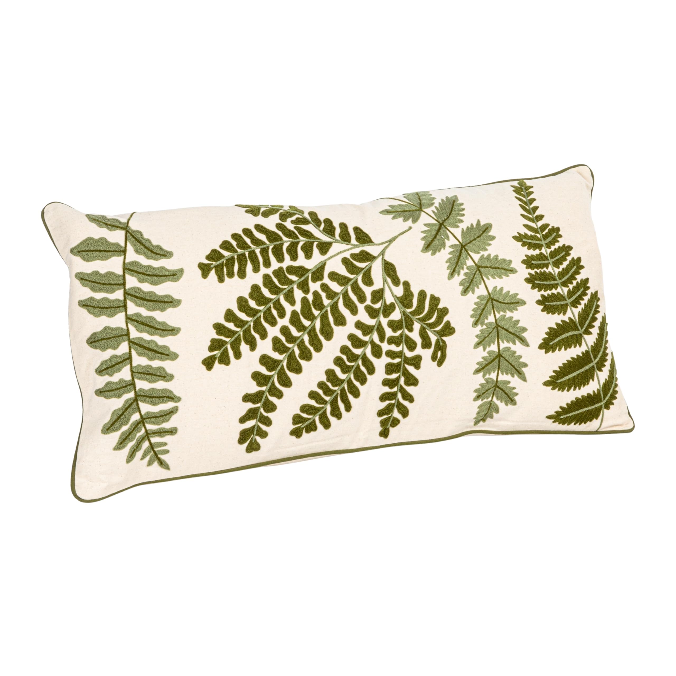 Creative Co-Op Lumbar Pillow DA6357 Cotton Embroidered Green Fern Cream 32x14 inches
