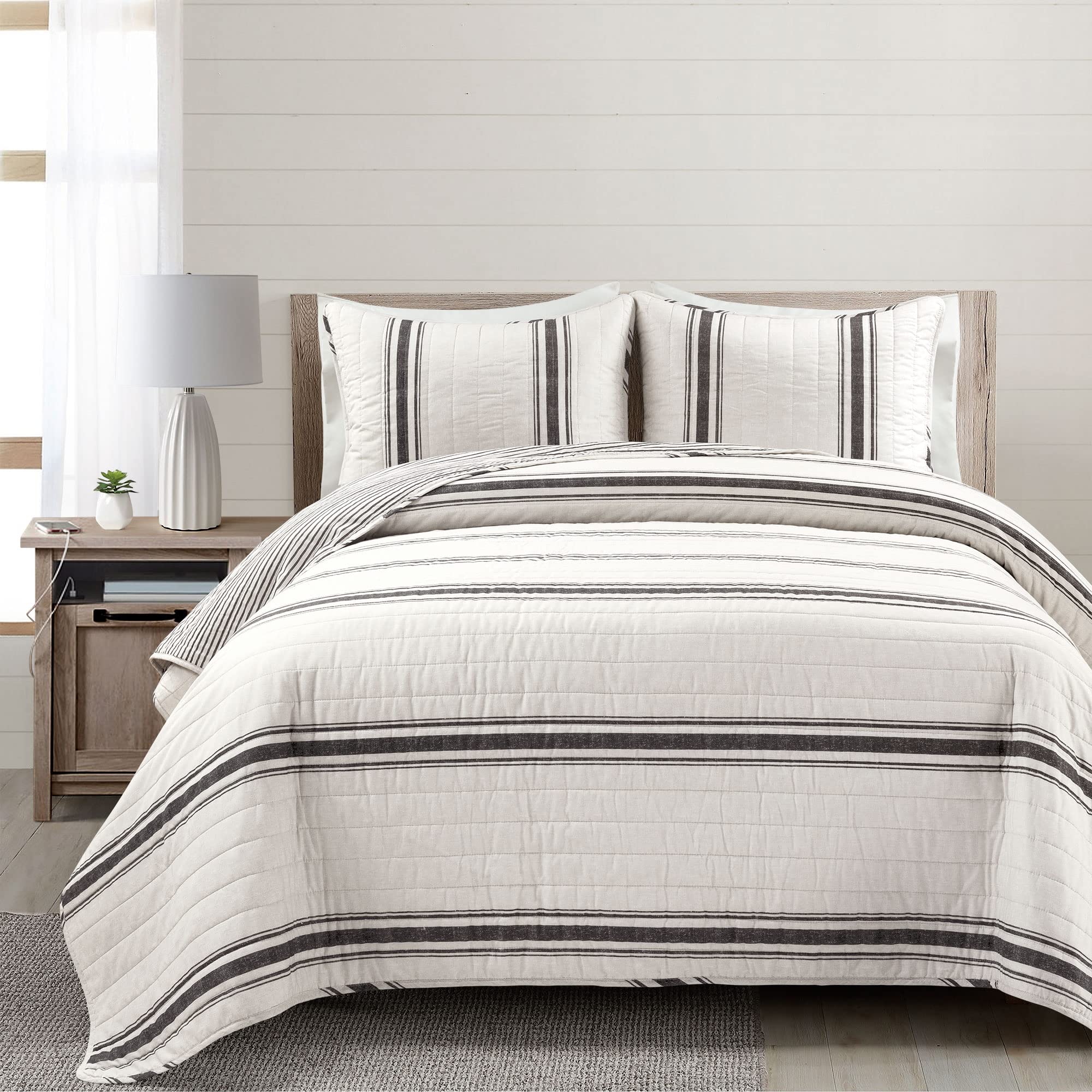 Lush Decor Farmhouse Stripe Reversible Quilt Set, 3 Piece Set, Full/ Queen, Black - Cozy Farmhouse Bedding Set - Rustic Decor -