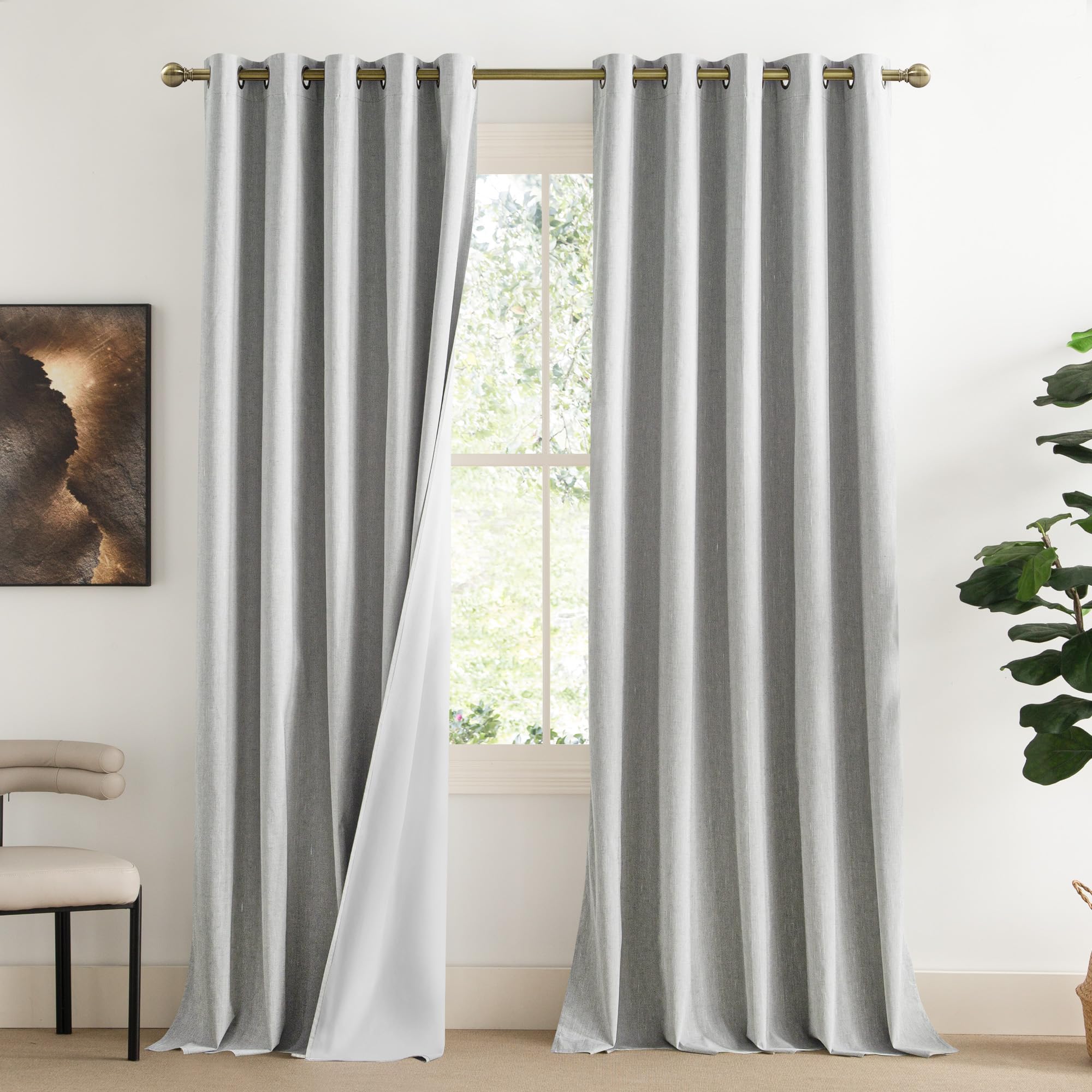 NICETOWN Grey Long Linen Full Shade Panels, 62 Wide x 108 Long, Pair of Thermal Insulated & Energy Efficiency Blackout Curtains 
