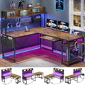 SEDETA L Shaped Computer Desk, Reversible Corner Desk with Power Outlet and Pegboard, Computer Desk with Led Lights, Keyboard Tr