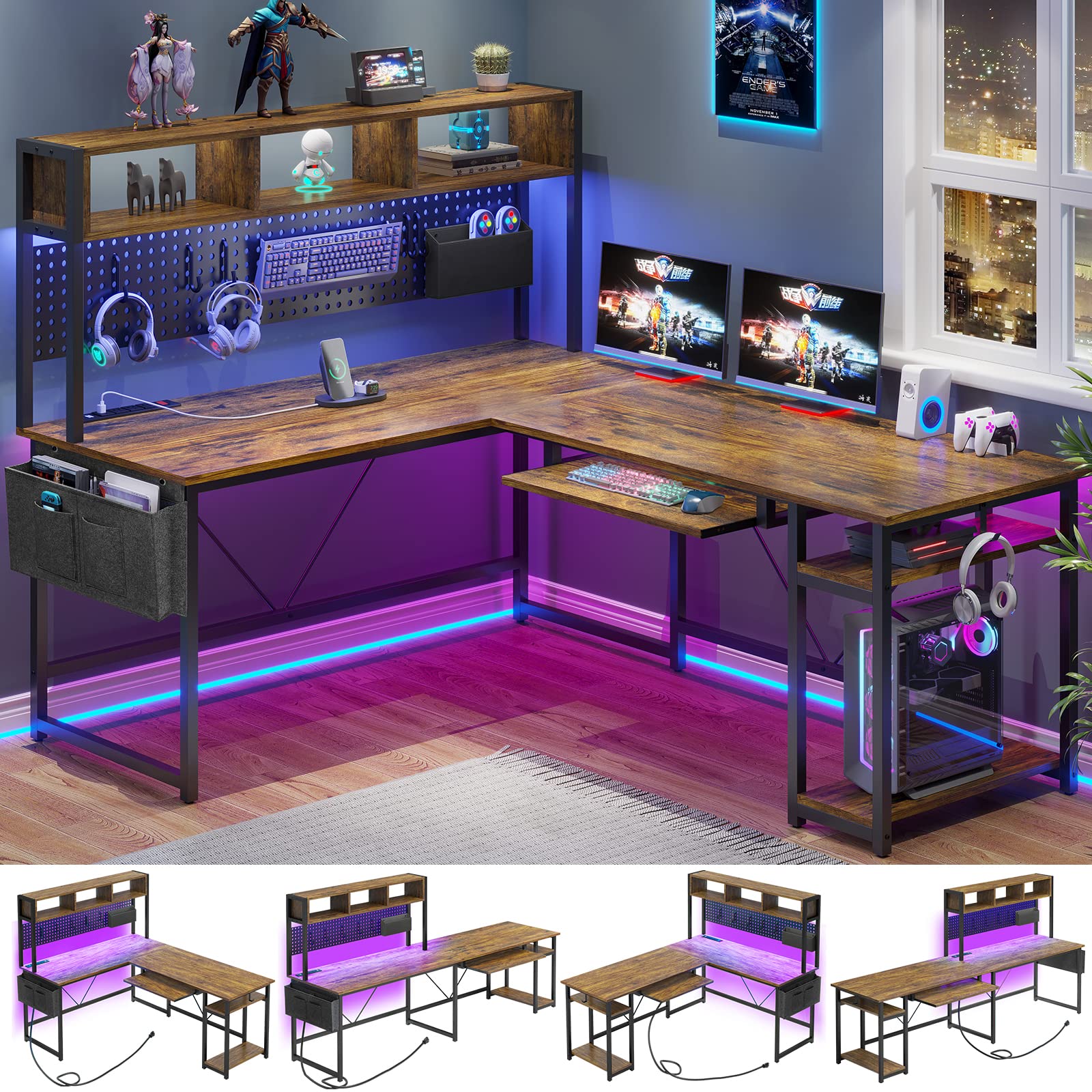 SEDETA L Shaped Computer Desk, Reversible Corner Desk with Power Outlet and Pegboard, Computer Desk with Led Lights, Keyboard Tr