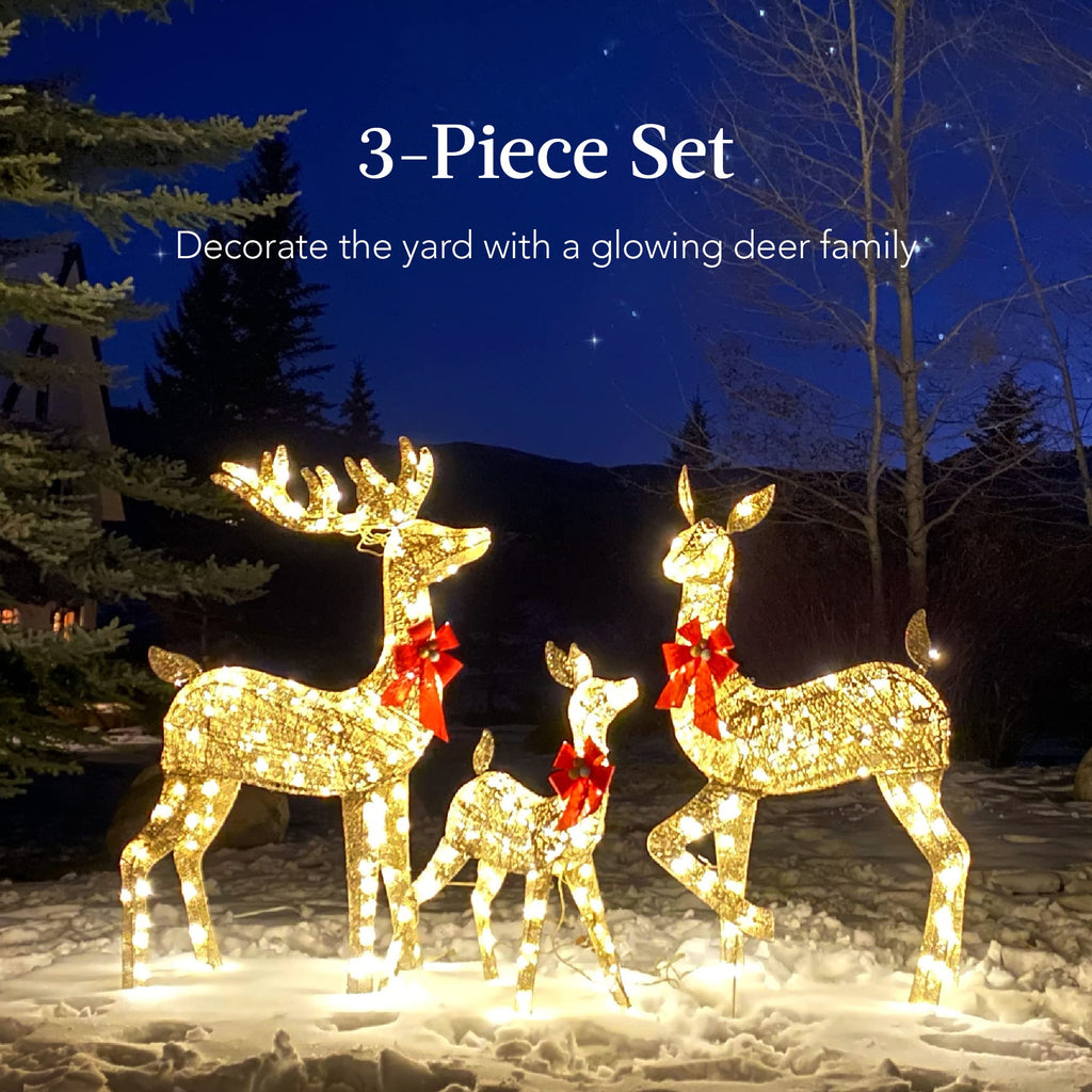 Best Choice Products 3-Piece Rattan Deer Family Set - 5FT Lighted Outdoor Christmas Decoration - Brown Metal