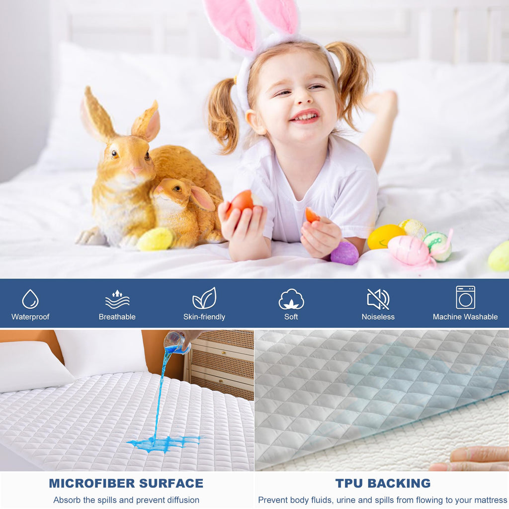Grt Twin Waterproof Mattress Pad, 100% Waterproof Quilted Fitted Mattress Protector, Noiseless Hollow Cotton Mattress Cover, Fit