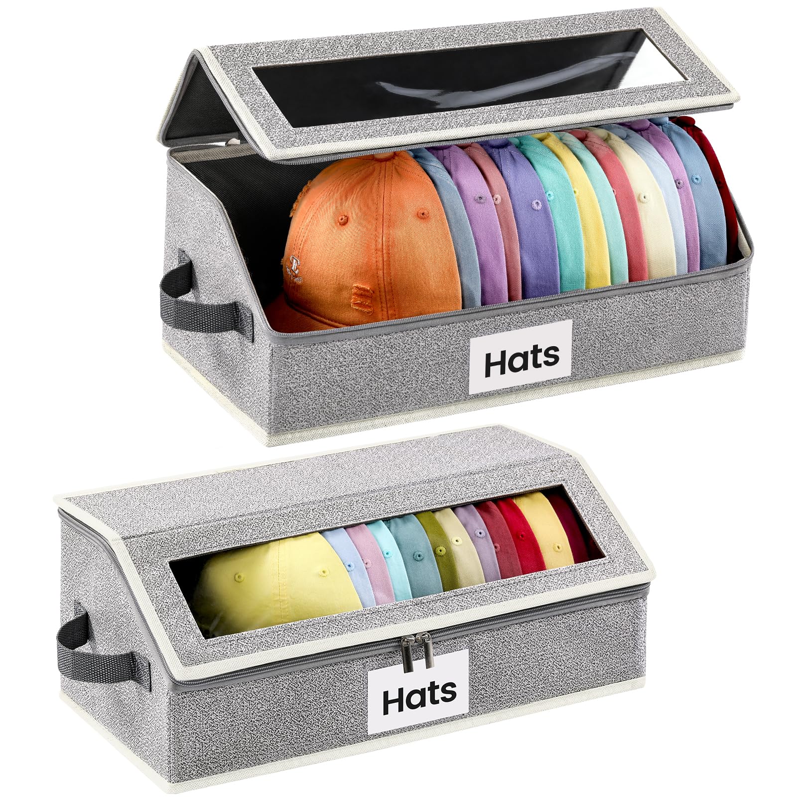 Snuvid Hat Organizer for Baseball Caps, 2-Pack Stackable Hat Storage Box Holds 30 Caps, Foldable Cardboard Holder with Clear Dus