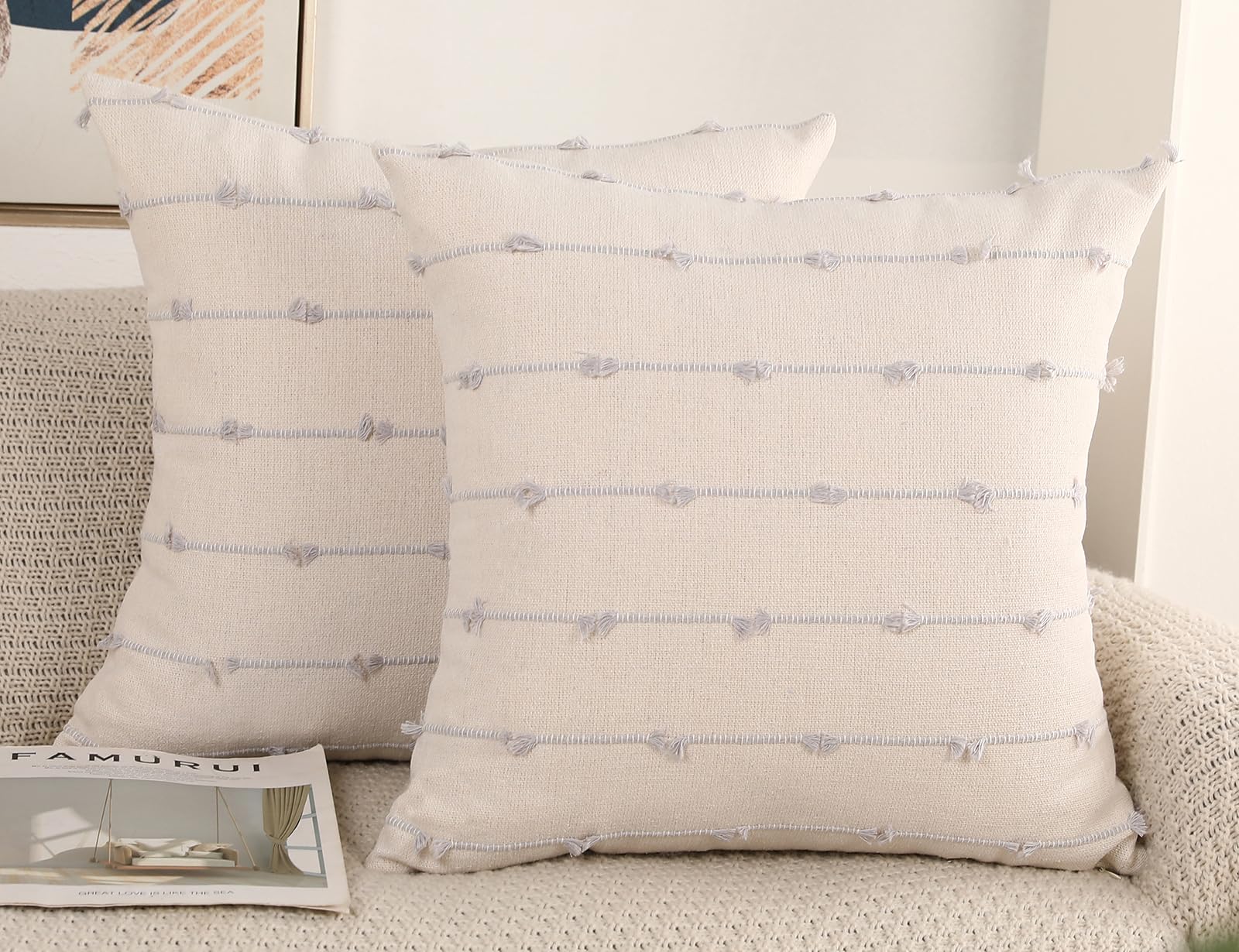 NUYECY Set of 2 Boho Throw Pillow Covers 30x30,Stone Grey and White Neutral Couch Pillow Case with Tassel Fringe Decorative,Mode