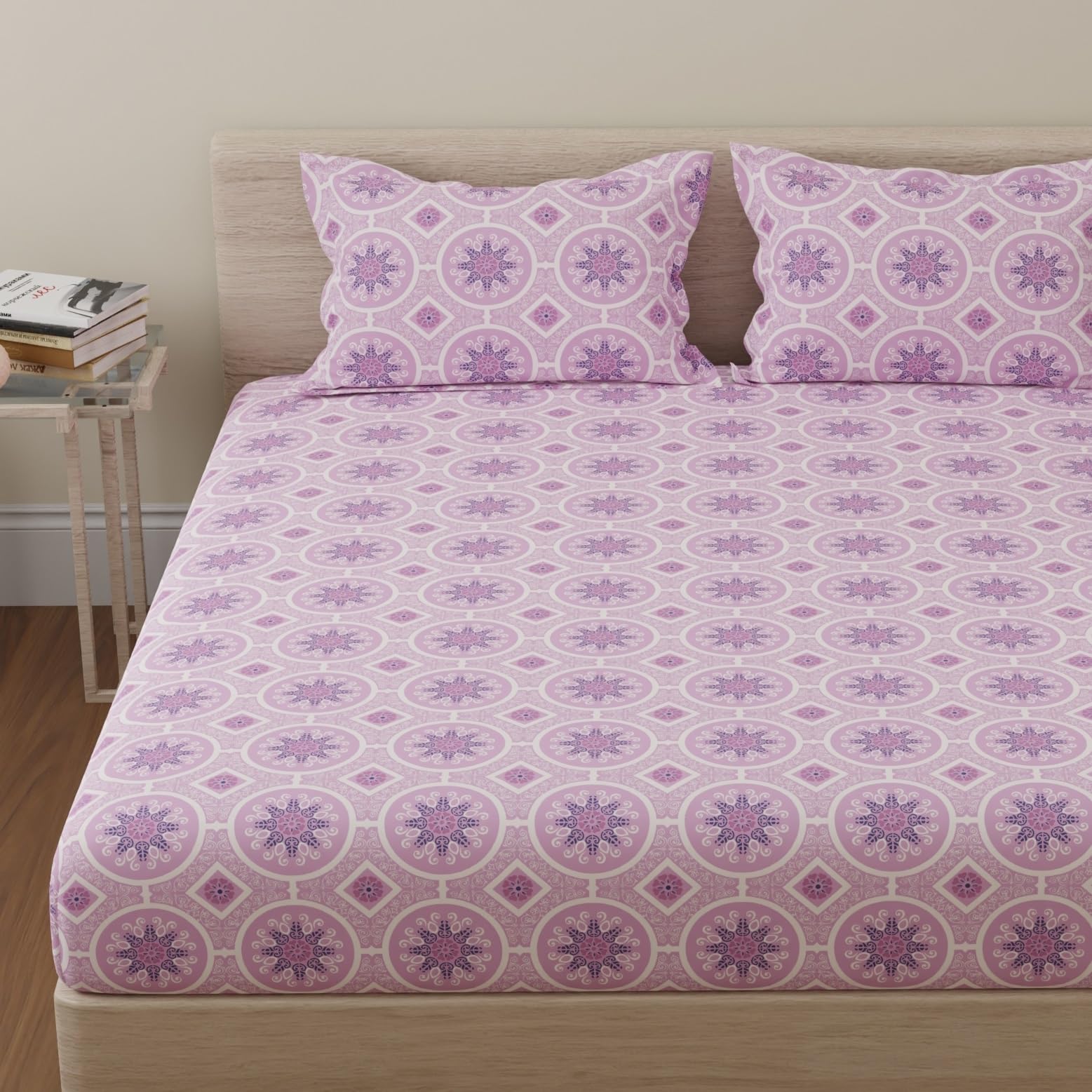 Huesland By Ahmedabad Cotton 144 Tc Bedsheets Queen Size Bed Cotton With 2 Pillow Covers | Pink| Mandala