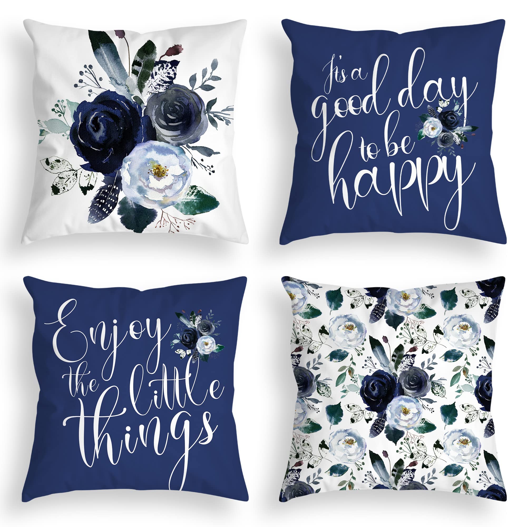 Navy Blue Throw Pillow Covers 20X20 Inch Floral Roses Flower White Grey Pillows Decorative Throw Pillows Modern Quote Spring Vel