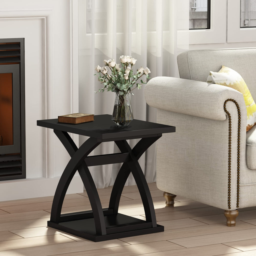 ChooChoo ET2107 End Side Table Engineered Wood Black Modern X-Design Storage Shelf