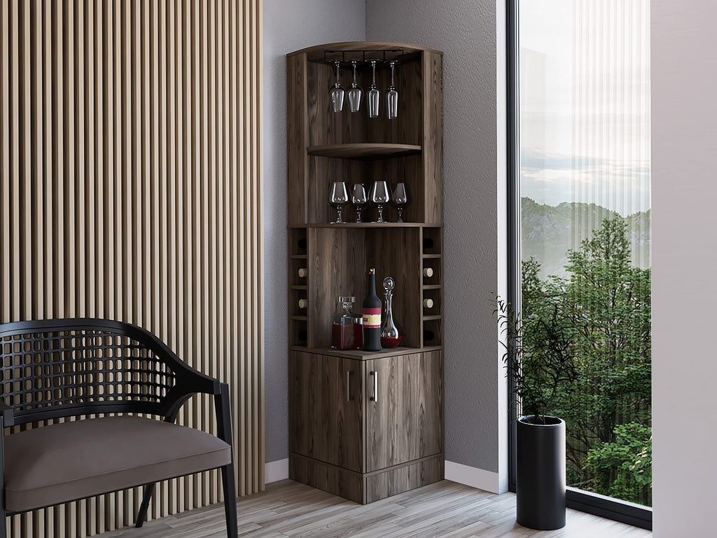 DEPOT E-SHOP Egina Corner Bar Cabinet with Two External Shelves, 71.1" H, Dark Walnut, Living Room