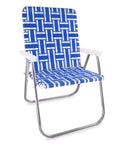 Lawn Chair Usa - Outdoor Chairs For Camping, Sports And Beach. Chairs Made With Lightweight Aluminum Frames And Uv-Resistant Webbing. Folds For Easy Storage (Magnum, Blue And White With White Arms)