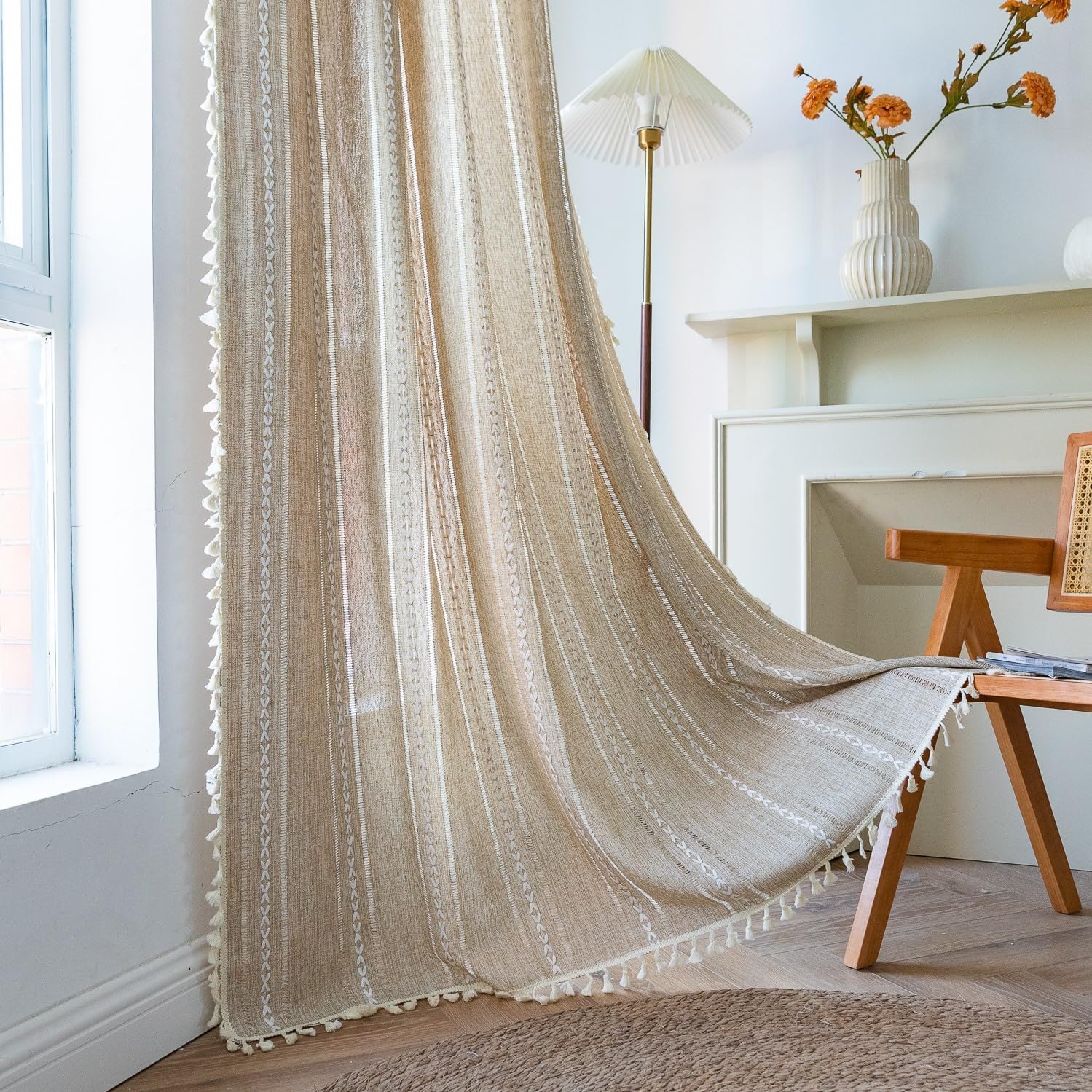 Sutuo Home Natural Boho Curtains 120 Inch Extra Long For Bohemian Farmhouse House Decoration, Semi Blackout Window Treatment, Privacy Embroidery Drape For Bedroom Living Room, W52 X L120