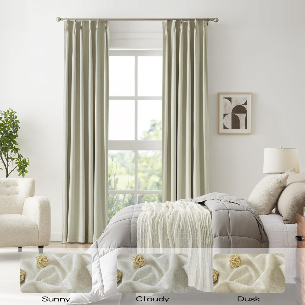 Dualife Blackout Curtains 108 Inch Length, Linen Blended Pinch Pleated Curtains For Living Room Farmhouse Thermal Back Tab Drape
