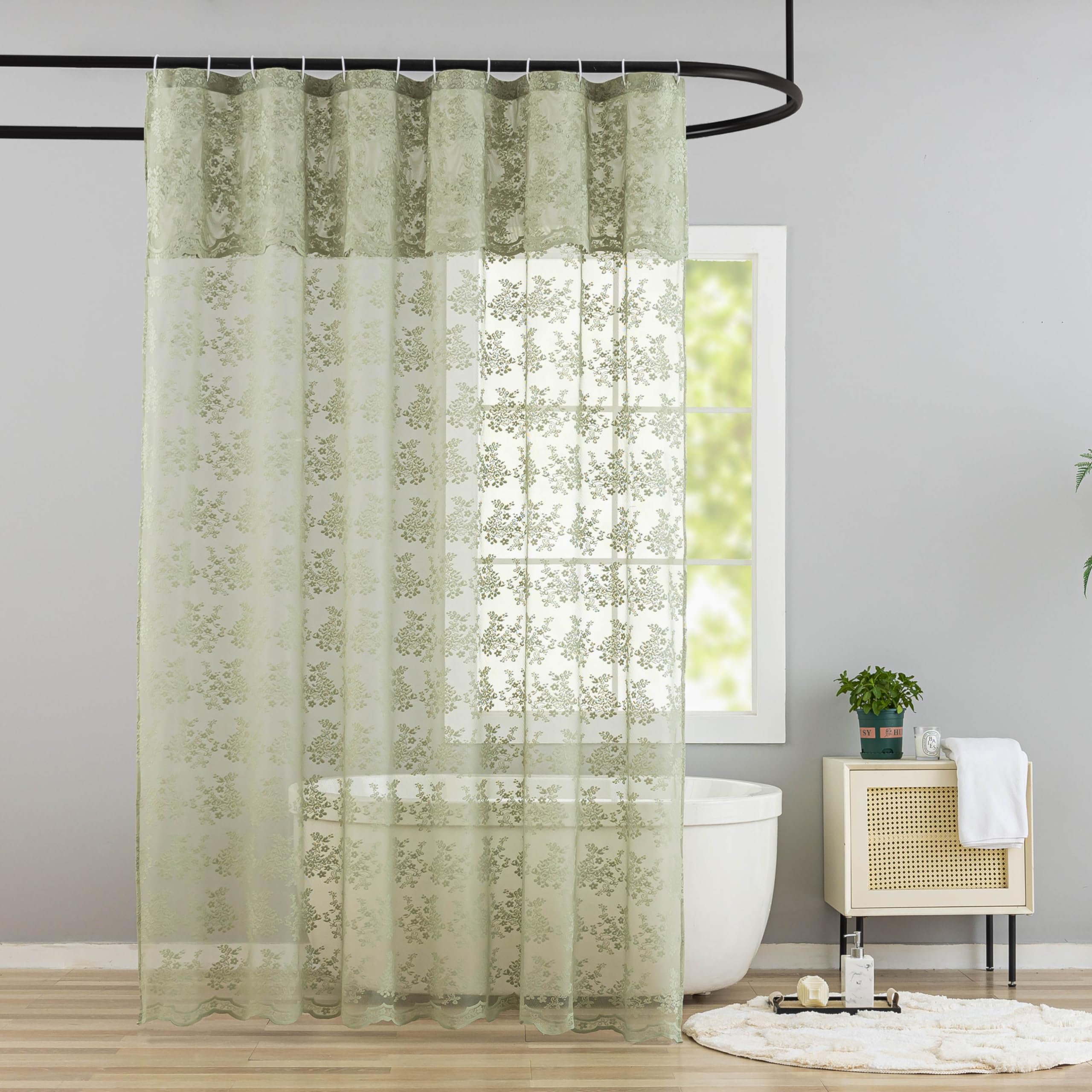 Yj Yanjun Sage 36X72 Shower Curtain Bohemian Lace Scalloped Shower Curtain Elegant Floral Stand Up Shower Curtain For Small Bath