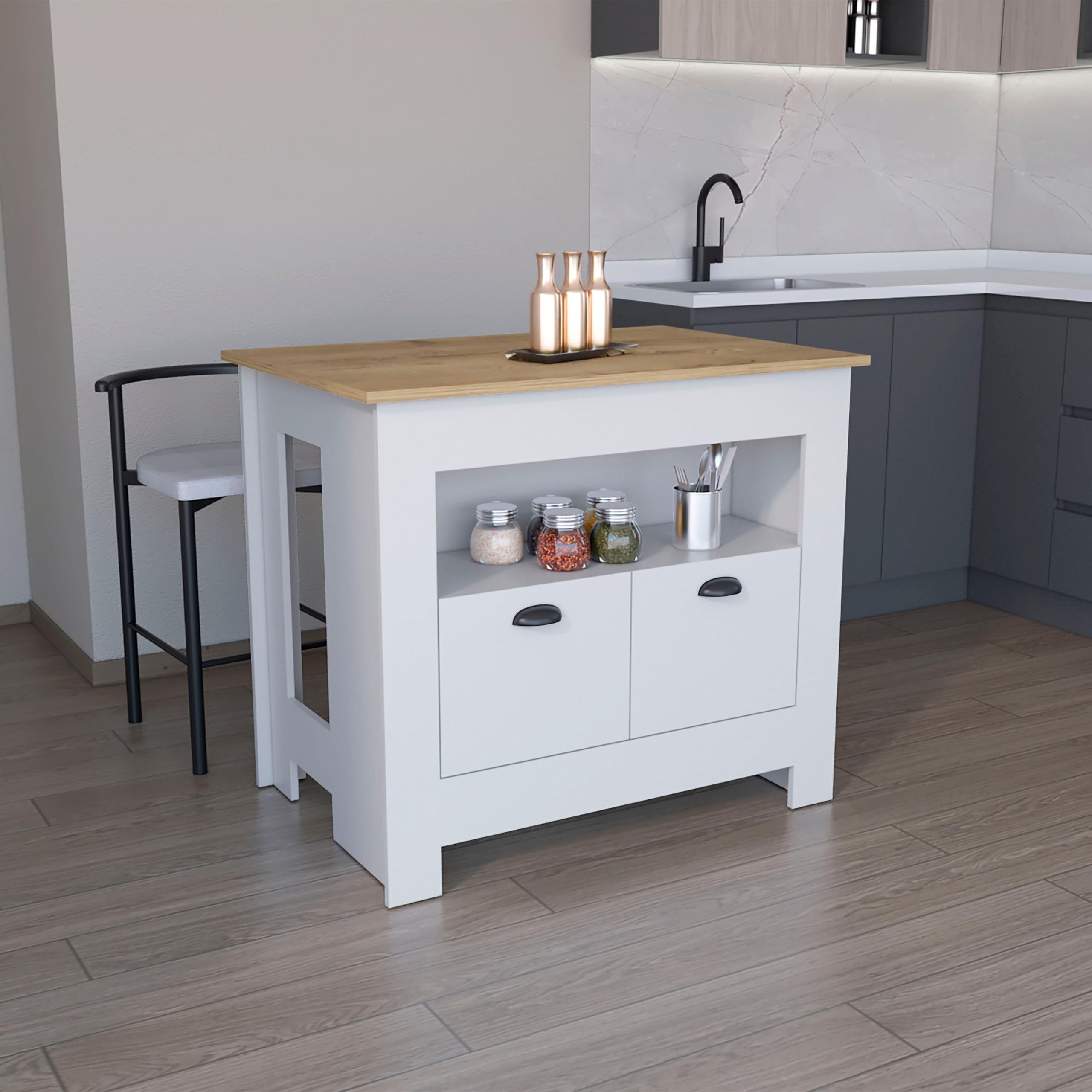 Depot E-Shop Floyd 35" H Kitchen Island, Whit 2 Doors, 3 Shelves, White/Macadamia