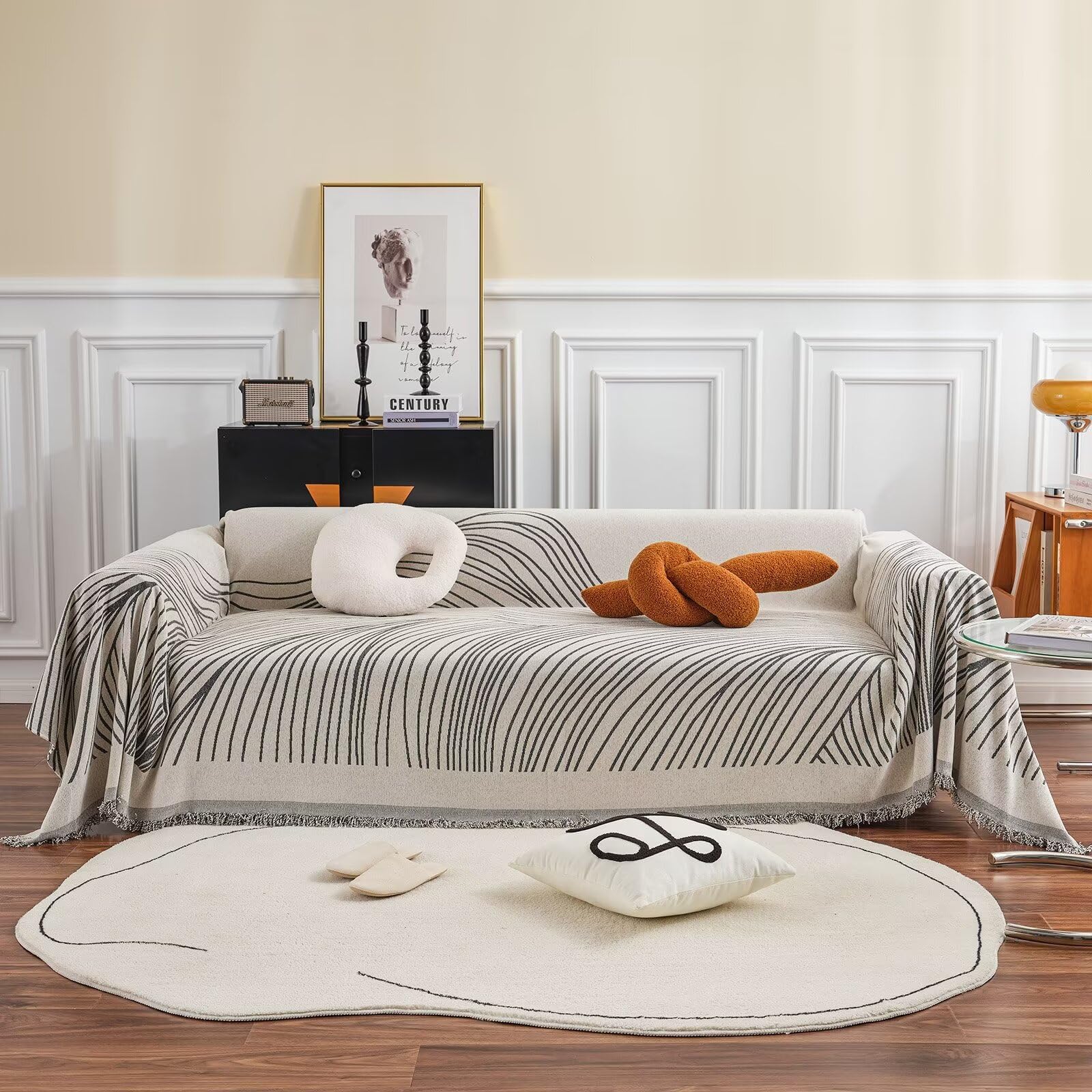 VClife Boho Couch Covert Soft Thick Chenille Sofa Slipcover Beige Gray Stripe Sofa Slipcover Futon Protector, Delicate Design No