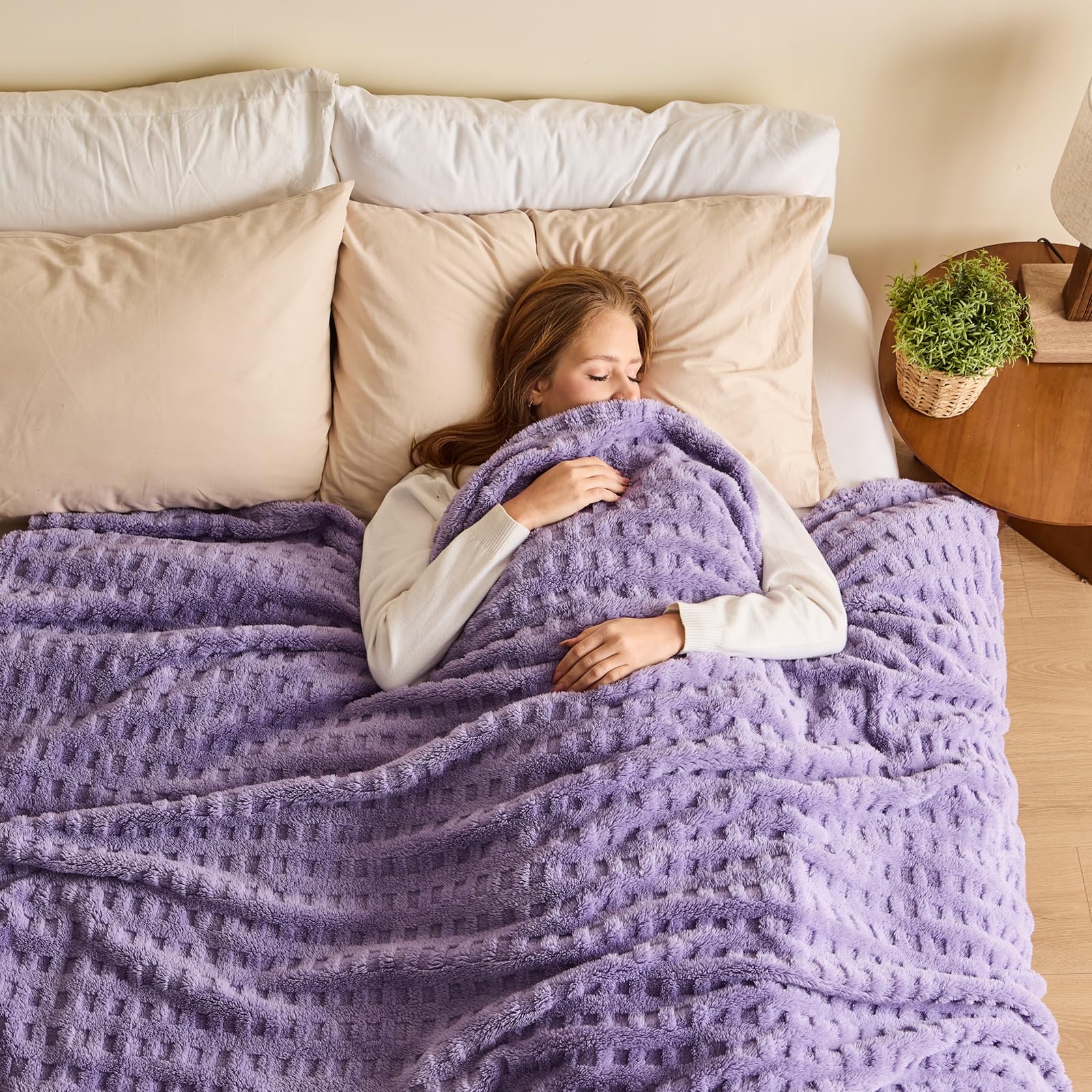 Newcosplay Super Soft King Blanket Lavender Premium Silky Flannel Fleece 3D Waffle Checkered Lightweight Bed Blanket All Season